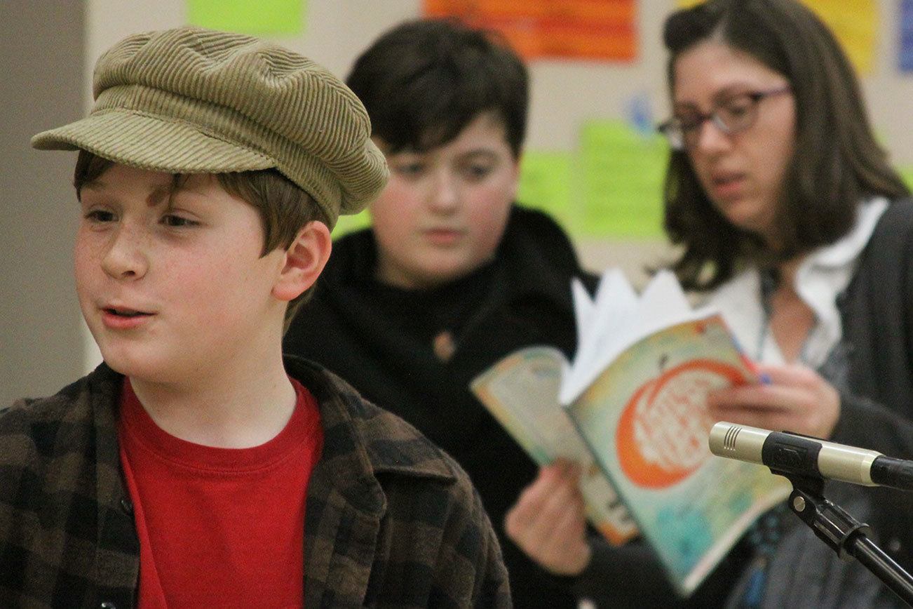 Nicholas Wasik and drama club students from Coupeville Elementary School rehearse for the musical ‘James and the Giant Peach” Thursday, Jan. 26, 2017 in the school’s multi-purpose room. Photo by Ron Newberry/Whidbey News-Times