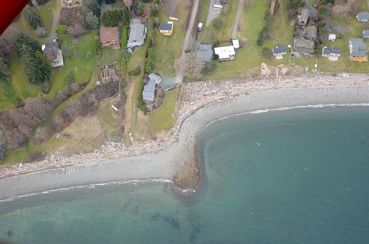 Photo by Justin Burnett / Whidbey News Group                                An aerial view shows the contested waterfront area at the end of Wonn Road in Greenbank. The property lies at the end of the road, which is in the middle of the photo.