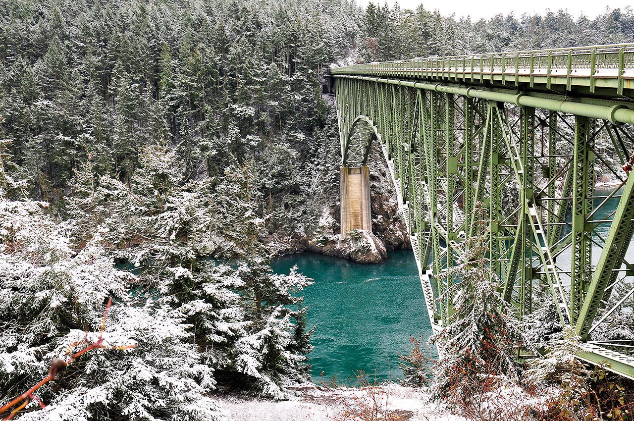 Deception Pass Bridge is seen dusted with fresh snow Monday, February 6, on Whidbey Island. Photo by Michael Watkins/Whidbey/News-Times