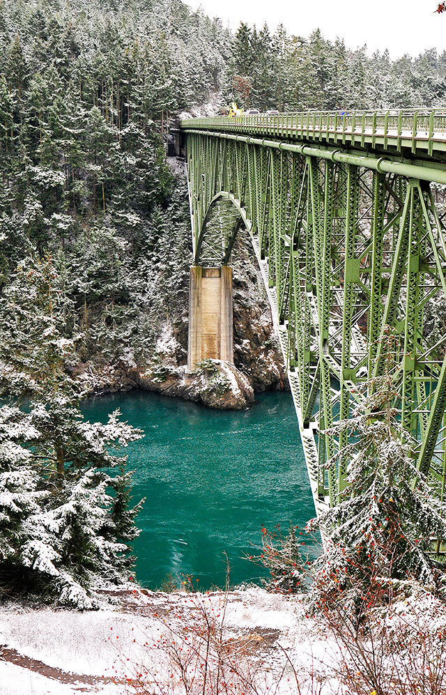 Deception Pass Bridge is seen dusted with fresh snow Monday.