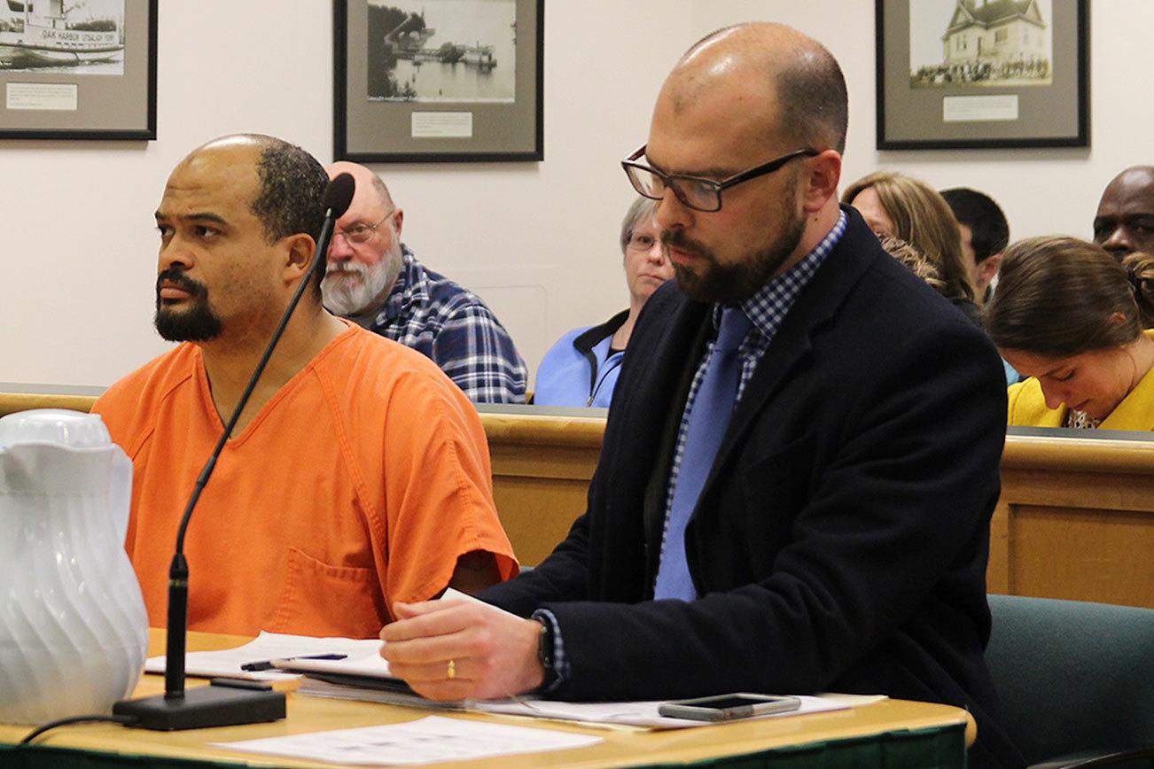 Jeremy Dawley appears in Island County Superior Court Monday with his attorney. Dawley is accused of intimidating a public servant. Photo by Jessie Stensland/Whidbey News-Times