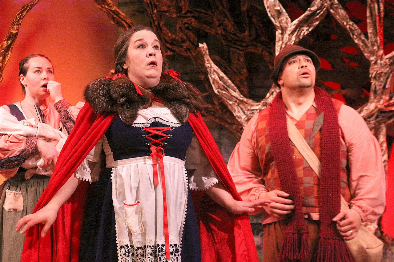 Eva Nelson, left, Dianna Wilcox and Karl Borja hear and feel giant footsteps while participating in a dress rehearsal for the musical, &lsquo;Into the Woods,&rsquo; at the Whidbey Playhouse Thursday, Feb. 2, 2017. Photo by Ron Newberry/Whidbey News-Times
