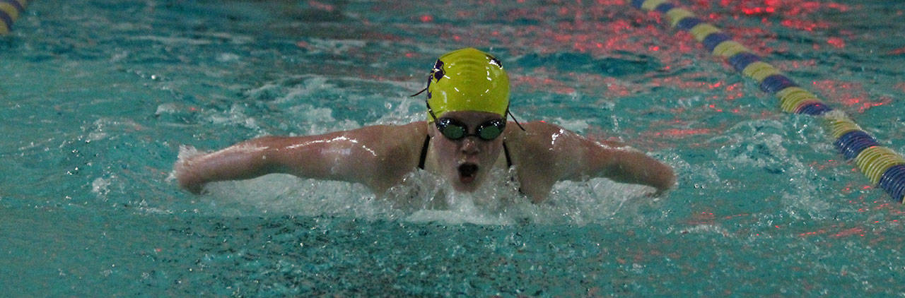 Jillian Pape, shown here swimming for Oak Harbor High School, competed in the Senior Sectional meet last weekend. (Photo by Jim Waller/Whidbey News-Times)