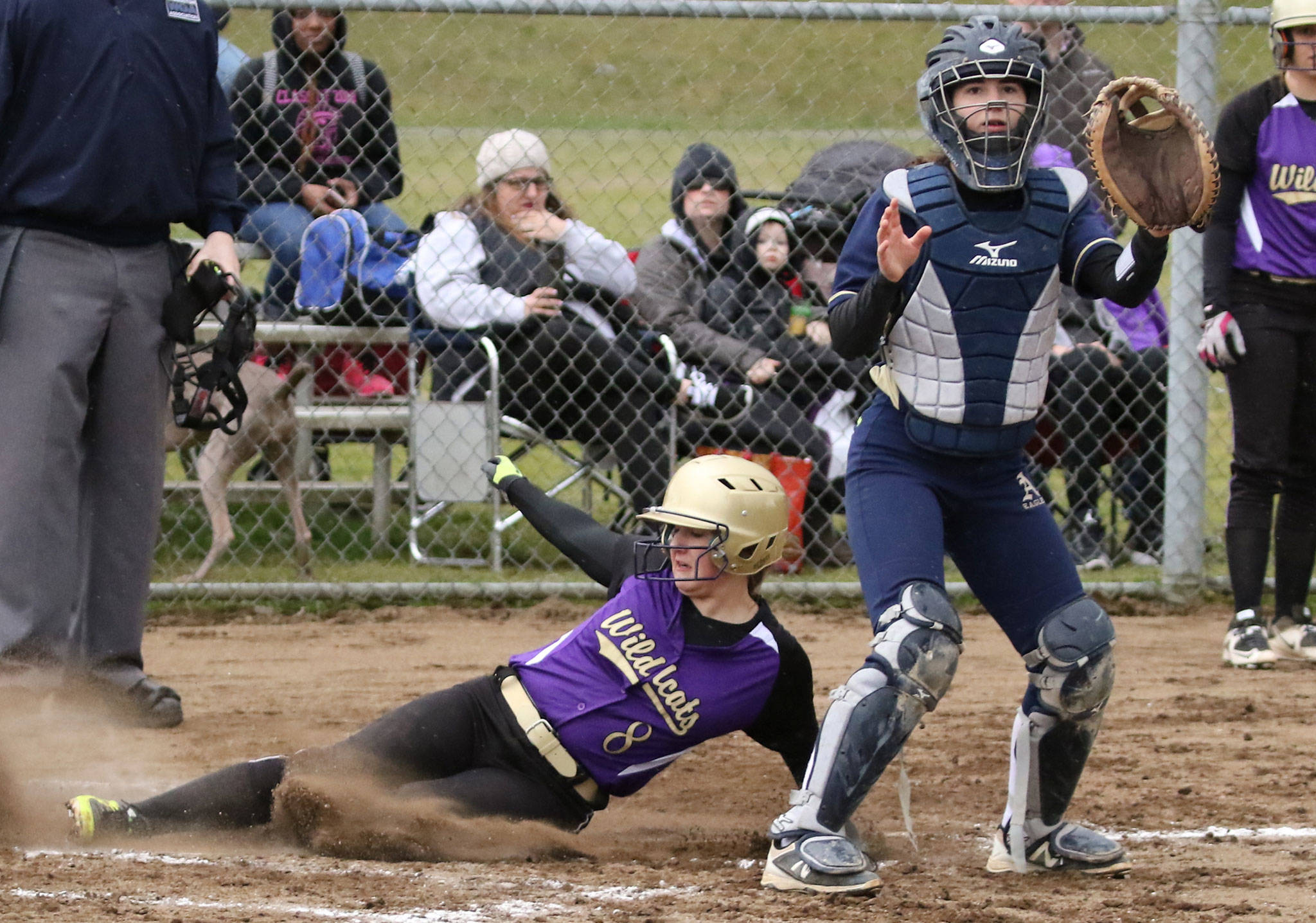 Shea Davis scores for Oak Harbor in the second inning. (Photo by John Fisken)