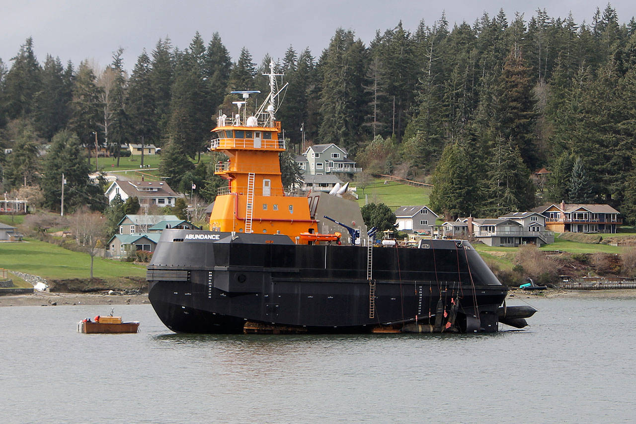 Nichols Brothers most recently completed vessel, an articulating tug barge named S-182Abundance, launched from the boat yard on last week. It’s the heaviest vessel to launchfrom the boat yard in “a long time.” Photo by Kyle Jensen / Whidbey News Group