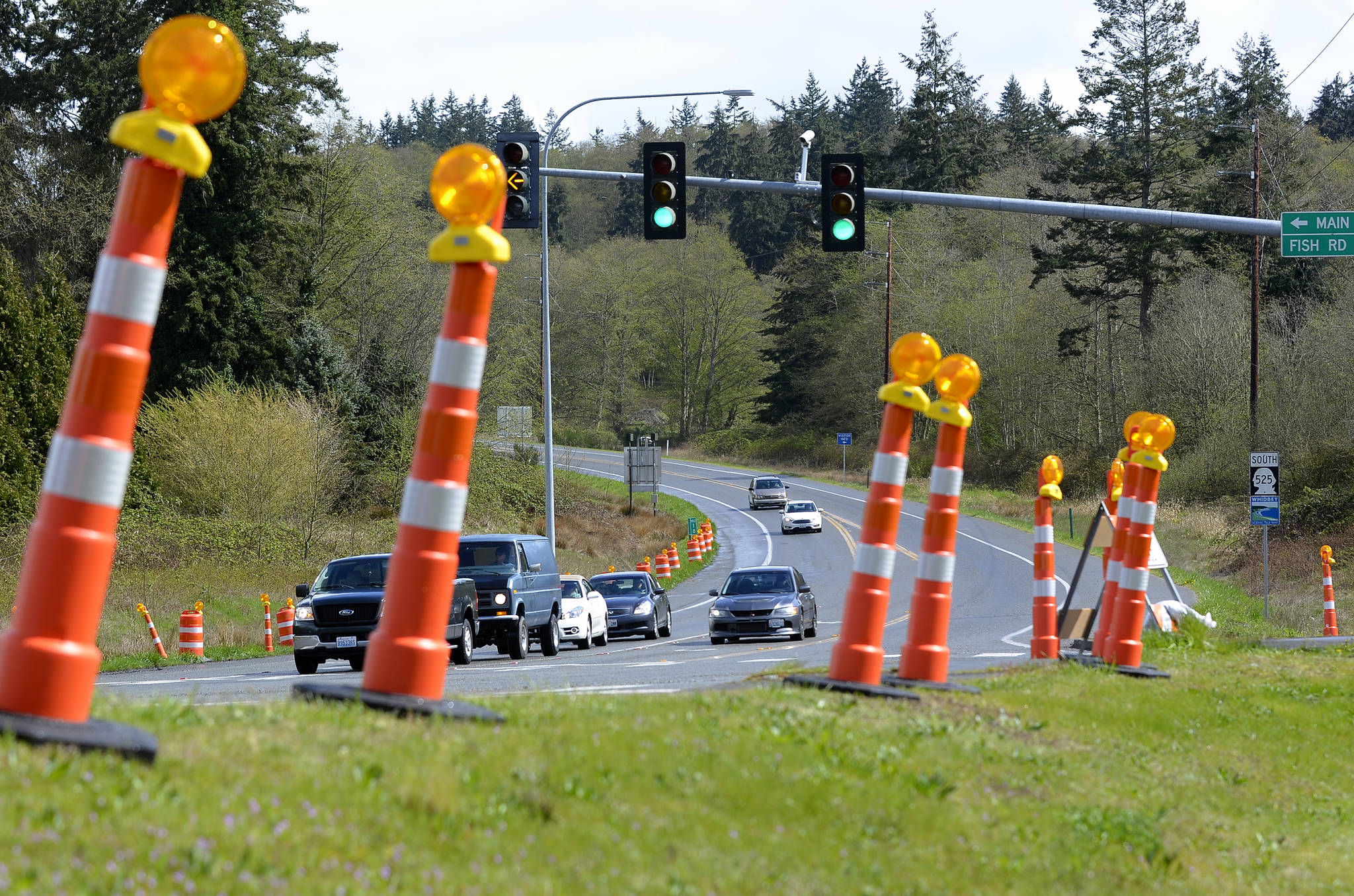 Justin Burnett/The Record                                Road cones and traffic cameras were recent put up at the intersection of Highway 525 and Fish Road in Freeland, along with other places on South Whidbey. The state will repave about 30 miles of the highway from Clinton to Coupeville this summer. Some preliminary work is expected to begin this weekend.