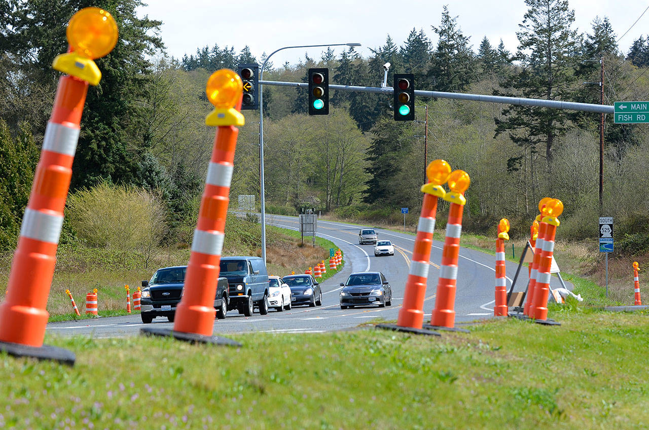 Justin Burnett/The Record — Road cones and traffic cameras were recent put up at the intersection of Highway 525 and Fish Road in Freeland, along with other places on South Whidbey. The state will repave about 30 miles of the highway from Clinton to Coupeville this summer. Some preliminary work is expected to begin this weekend.
