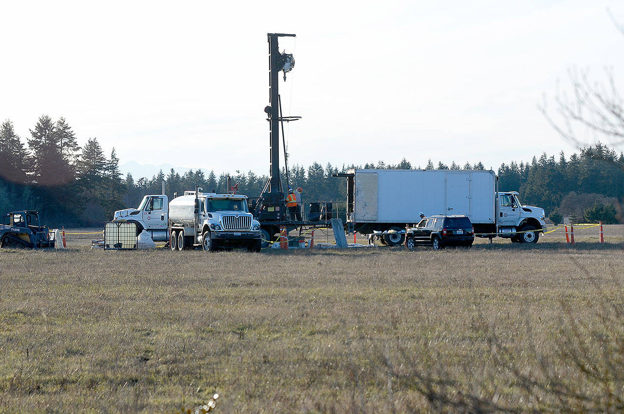 File photo/Whidbey News-Times                                Crews drill test wells at the Navy’s Outlying Field Coupeville in February.