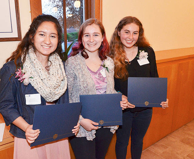 Academic scholarship winners were Carolynn Wicker of Oak Harbor High School, Fiona Callahan of South Whidbey High School and Bree Daigneault of Coupeville High School. Photo by Gina Ostman Burrill.