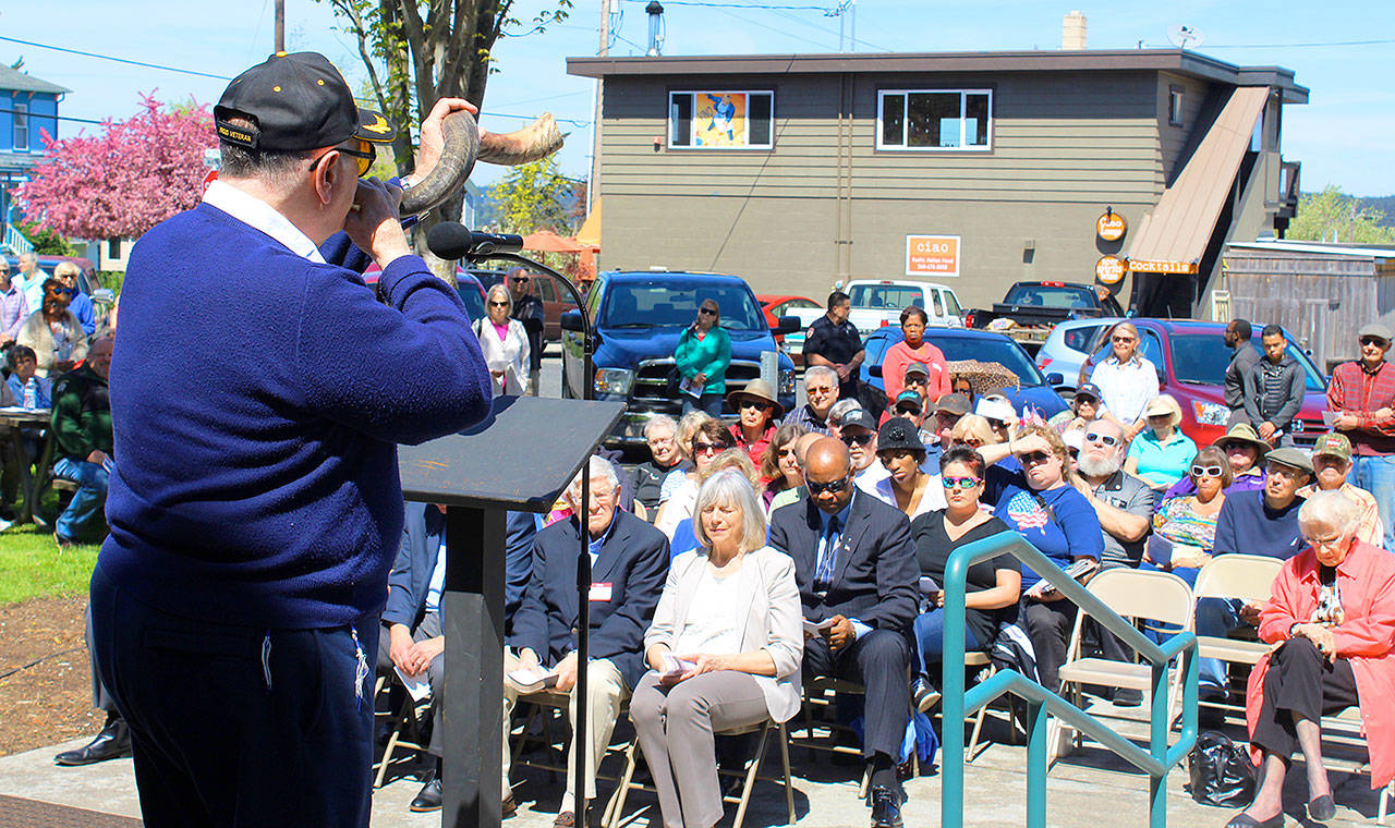 At Coupeville&rsquo;s prayer rally, Pastor Carl Smith performed the Blowing of the Shofar, a traditional instrument made of a ram&rsquo;s horn used in Jewish religious ceremonies. Photo by Patricia Guthrie/Whidbey News-Times