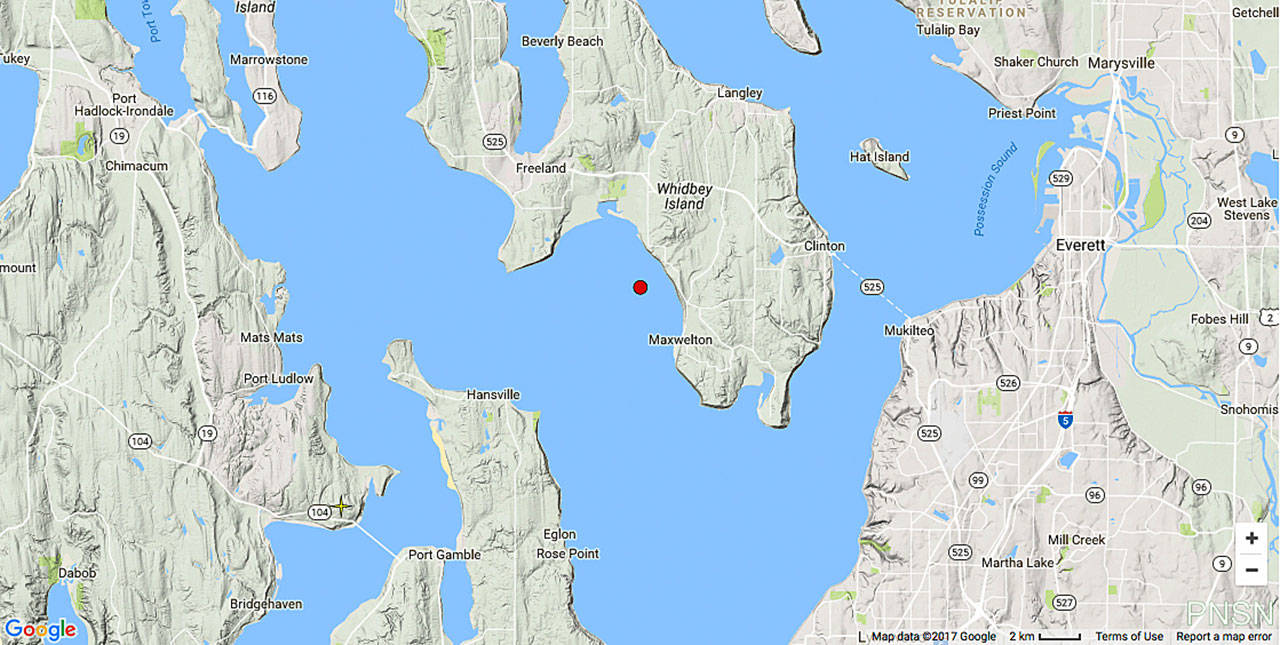 Photo courtesy of Pacific Northwest Seismic Network — A 3.4 earthquake hit in Useless Bay Thursday morning, being felt by residents from Freeland to Langley.