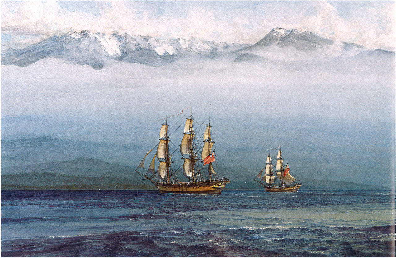 A parade of sail will bring tall ships through Admiralty Inlet June 13. A poster for the event shows a painting by maritime artist Gordon Miller of British Columbia titled “Chatham and Discovery in Juan de Fuca Strait, April 30, 1792.” Illustrated provided by Lynn Hyde/San Juan Island National Historical Park