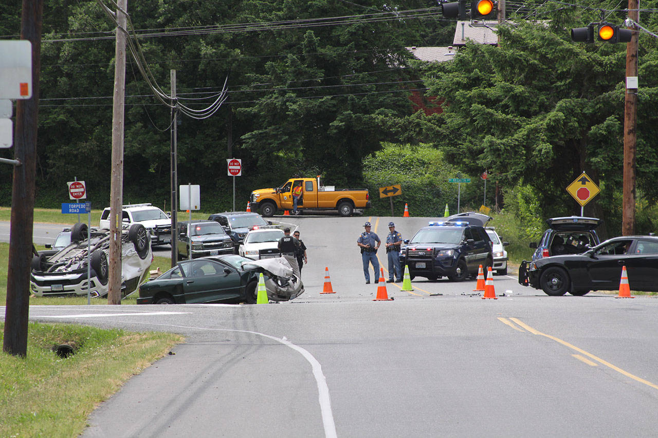 Photo by Ron Newberry / Whidbey News-Times                                A car chase ended in a car crash in Oak Harbor today.
