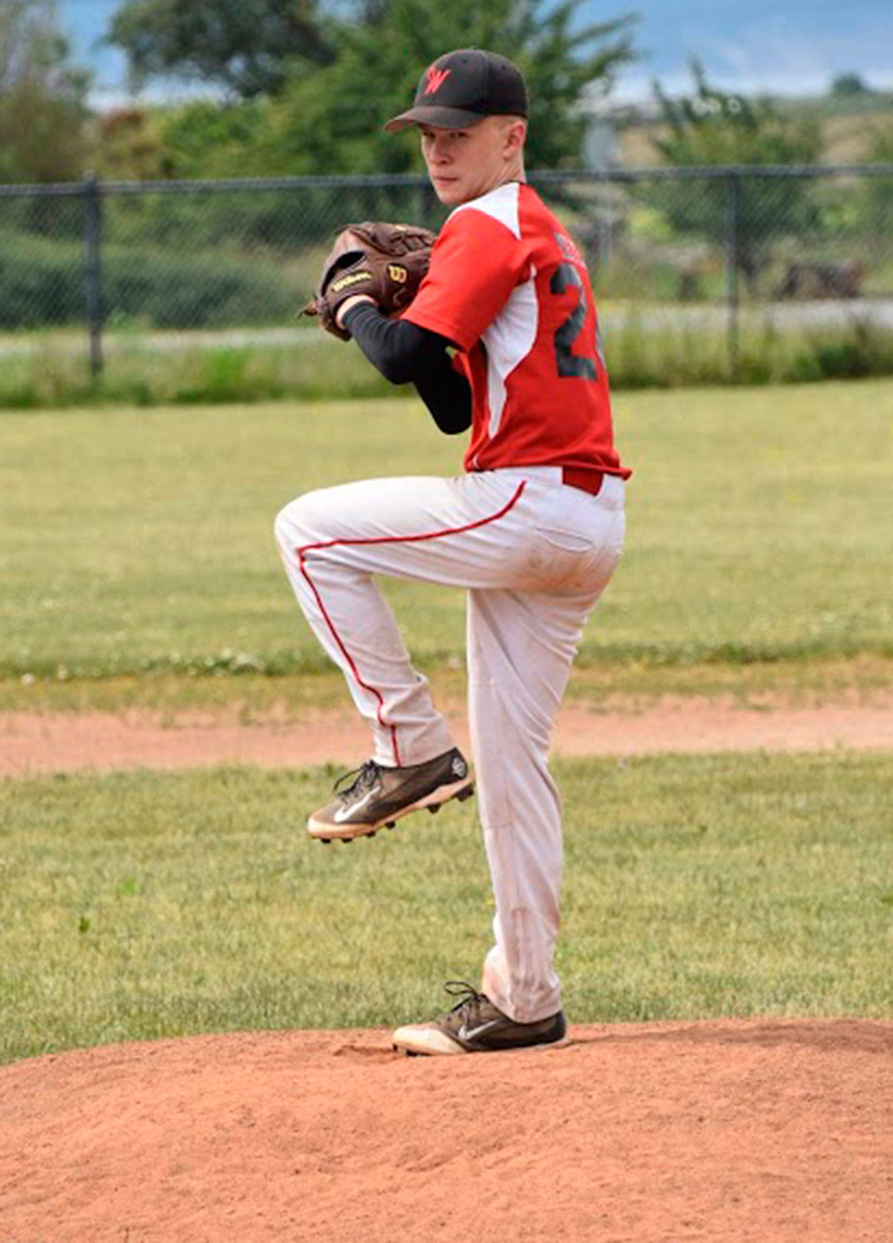 Coupeville’s Caleb Meyer prepares to pitch in Saturday’s second game. (Photo by Karen Carlson)