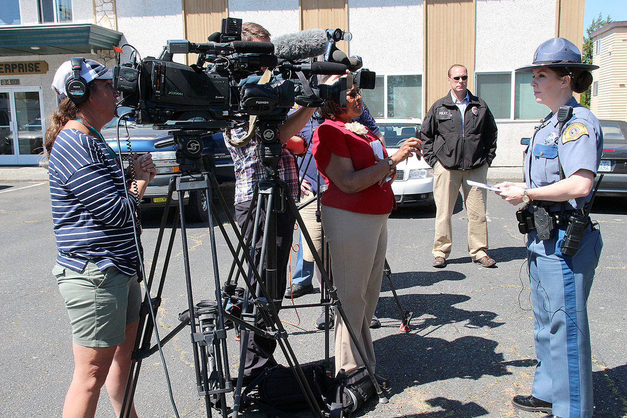 Photo by Daniel Warn/Whidbey News-Times                                 Trooper Heather Axtman gives a press conference last week after police shot a man in the arm while he allegedly pointed a BB gun at a woman and then police.