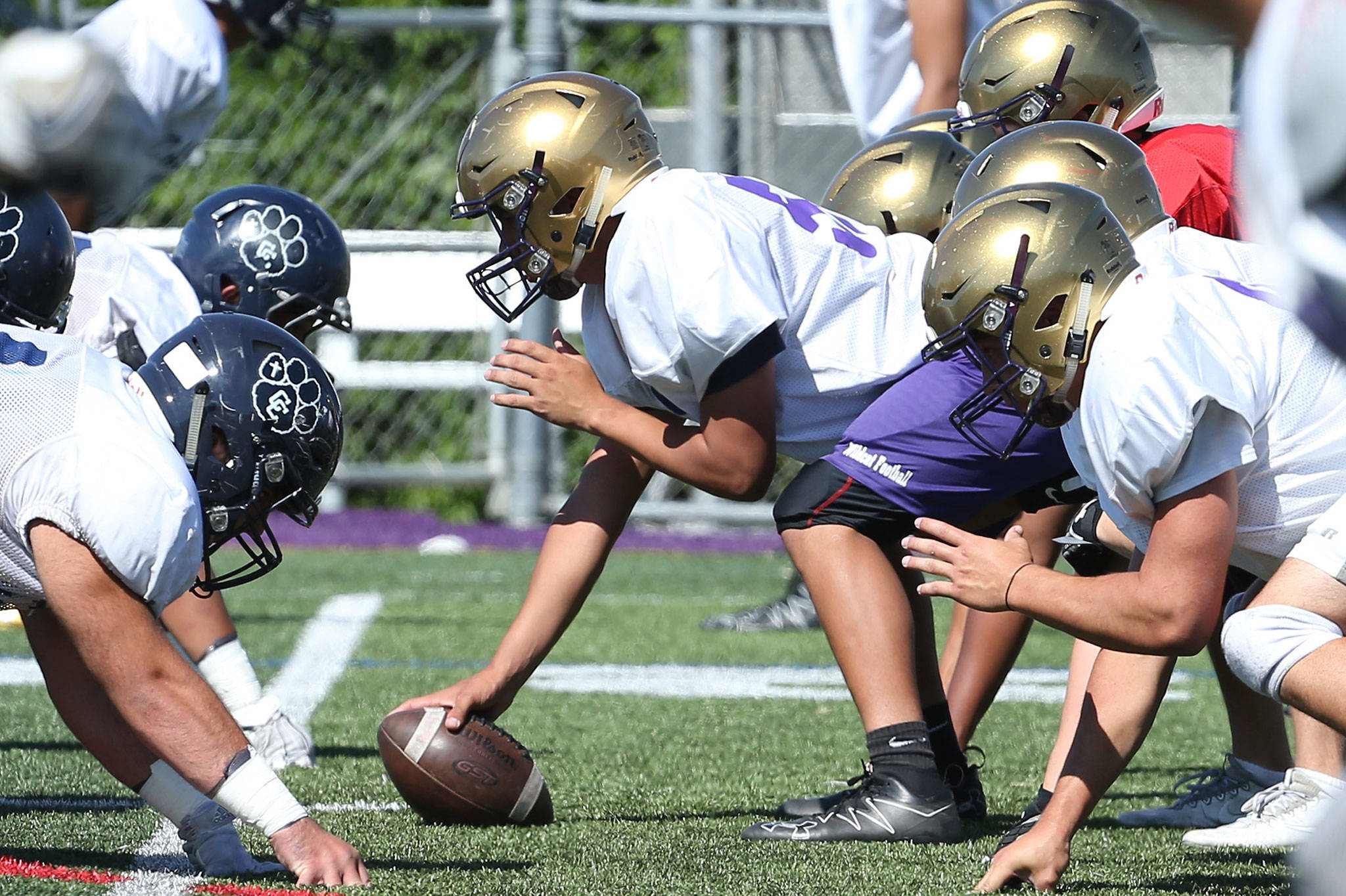 Center Weston Whitefoot and the offensive line size up the defense. (Photo by John Fisken)
