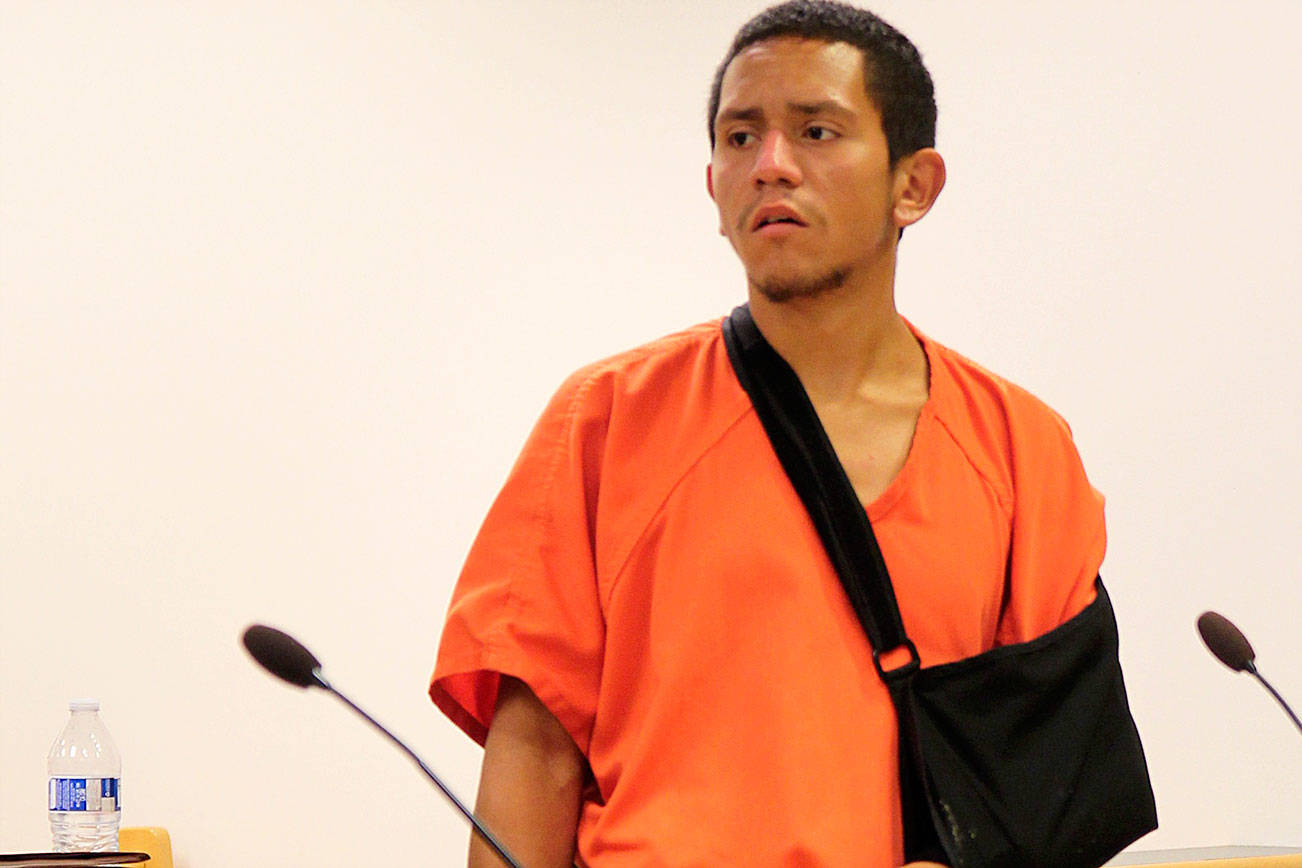 Nathan Paul Trujillo appears in Island County Superior Court Monday, July 24. He pleaded not guilty to kidnapping in the first degree. Trujillo was shot and wounded by a police officer July 11 when he refused to drop a gun he allegedly used to threaten a woman.
