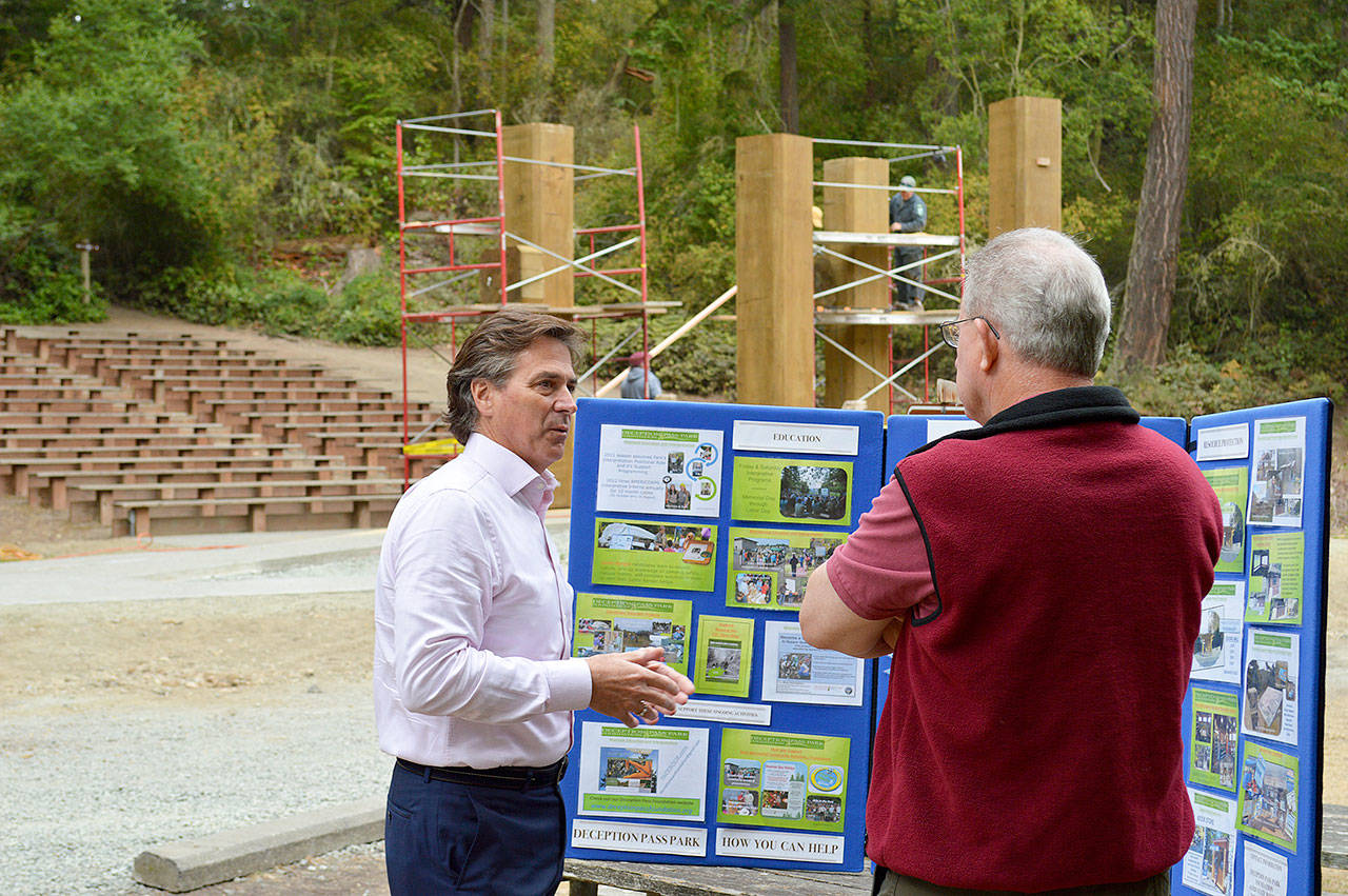 Joseph Mosolino of Island Thrift, left, and Richard Colombo of the Deception Pass Park Foundation discuss the amphitheater project in front of the construction site. Photo by Laura Guido/Whidbey News-Times