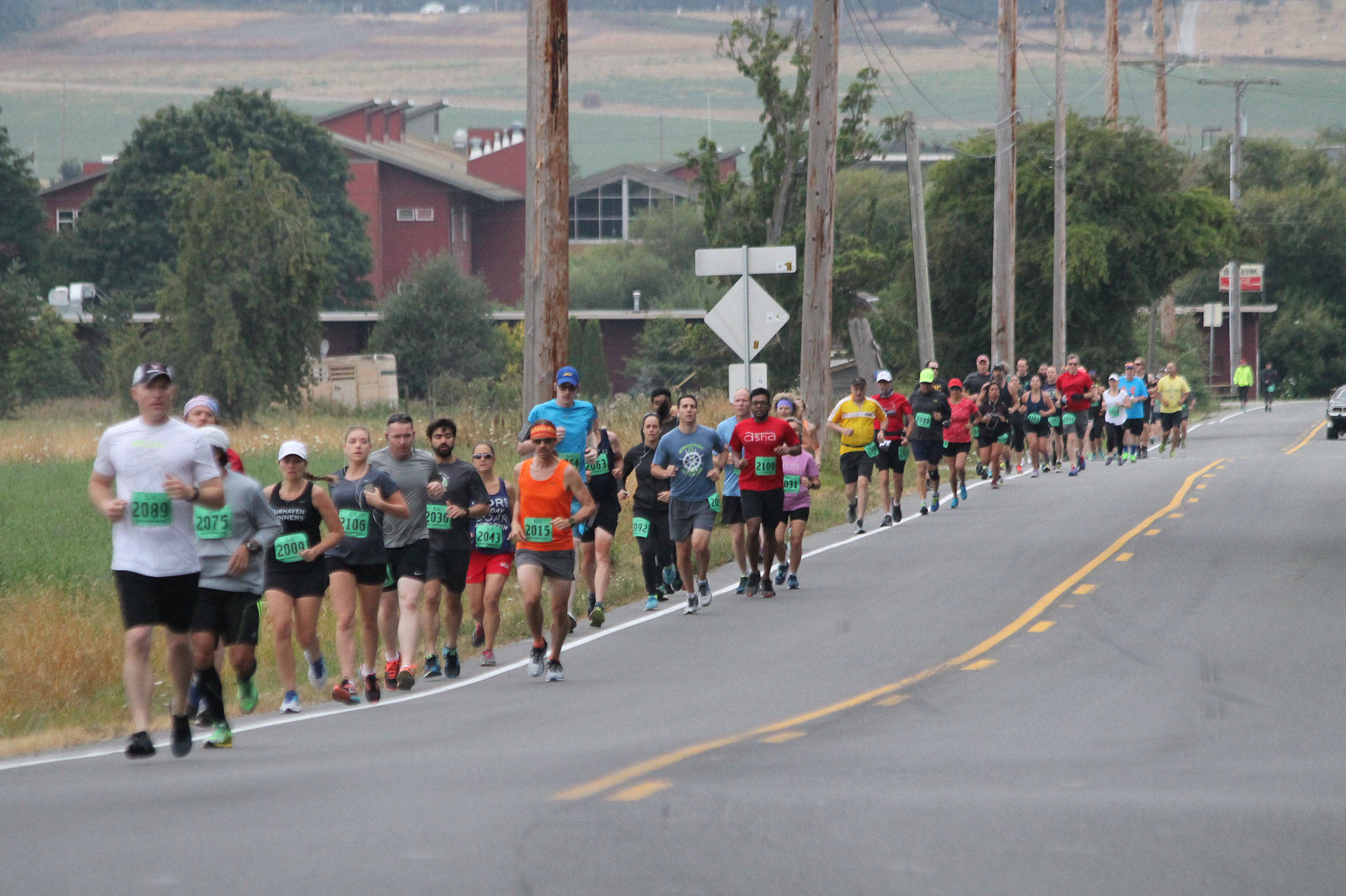 Runners in the half marathon jog up Terry Road. (Photo by Jim Waller/Whidbey News-Times)