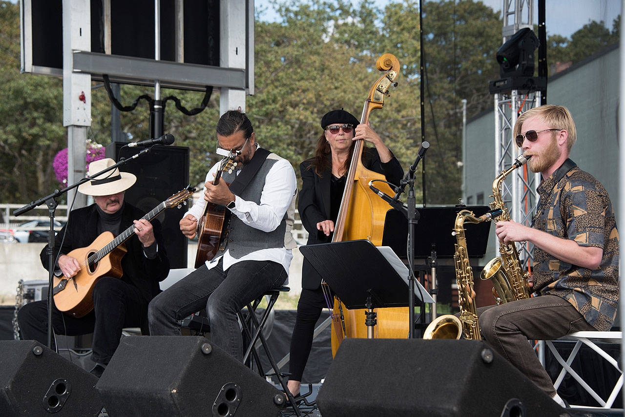 Contributed photo — Hot Club of Troy perform at the 2016 Oak Harbor Music Festival. Right to left: Vanderbilt-Mathews, Kristi O’Donnell, Troy Chapman and Keith Bowers.