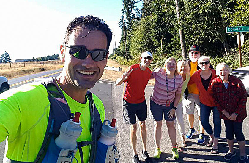 James Steller, left, and fellow runner Andy Wyman are joined by well-wishers Christy Messner, Aimee Bishop, Paul Messner, Barbi Ford and Marilyn Messner on the first day of the run. (Submitted photo)