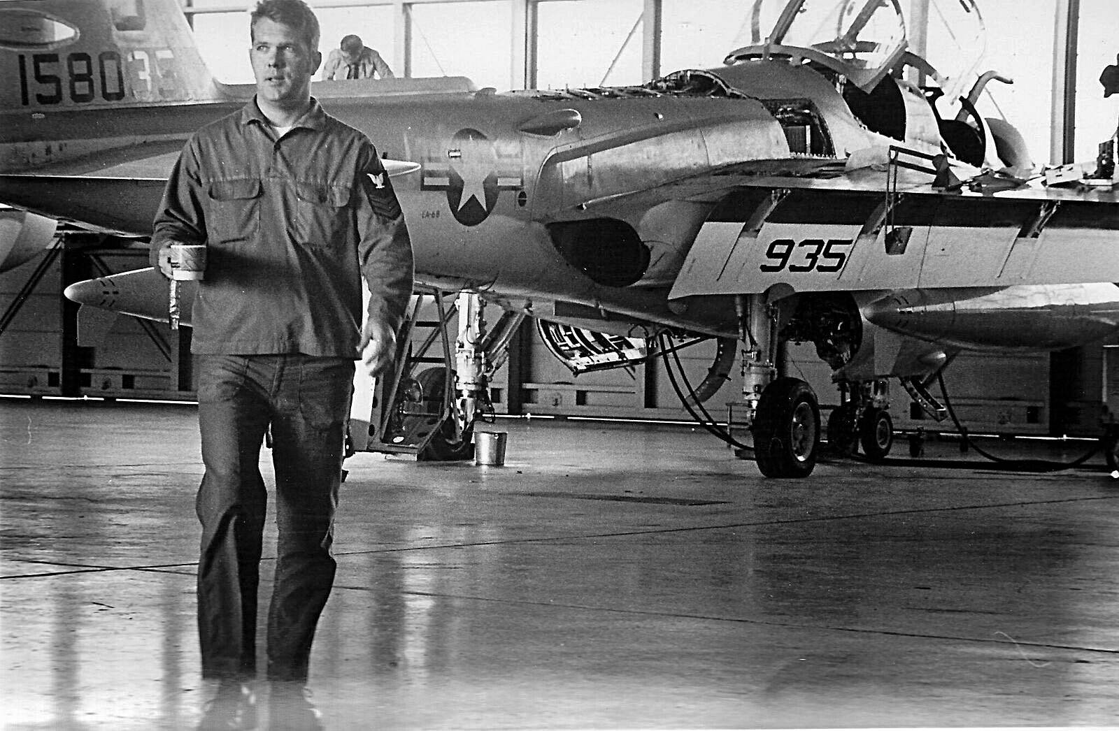 Photos provided by Naval Air Station Whidbey                                 A Naval Air Station Whidbey Island sailor is shown with an EA-6B Prowler in 1973.
