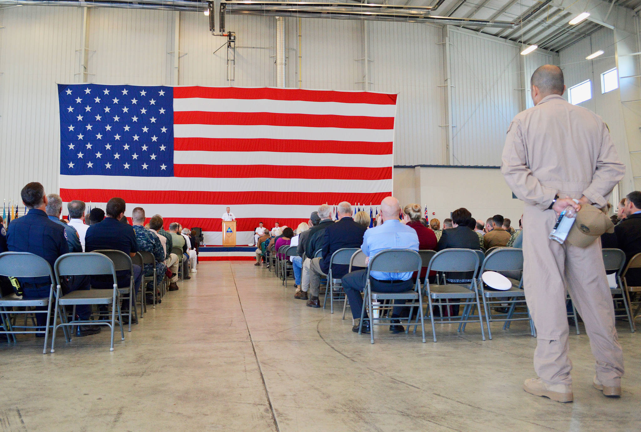 Historical vignettes are presented at the celebration of NAS Whidbey Island&rsquo;s 75th anniversary Thursday. Presenters discussed the role of the base during different eras of history, starting in 1942. Photo by Laura Guido/Whidbey News-Times