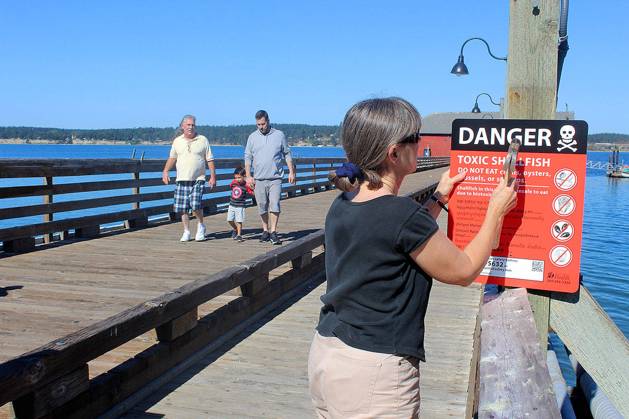 Maribeth Crandell with Island County Public Health hangs a warning sign on Coupeville Wharf about potentially fatal toxins found in local shellfish. The state health department closed Penn Cove to all shellfish harvesting Wednesday. Photo by Patricia Guthrie/Whidbey News-Times