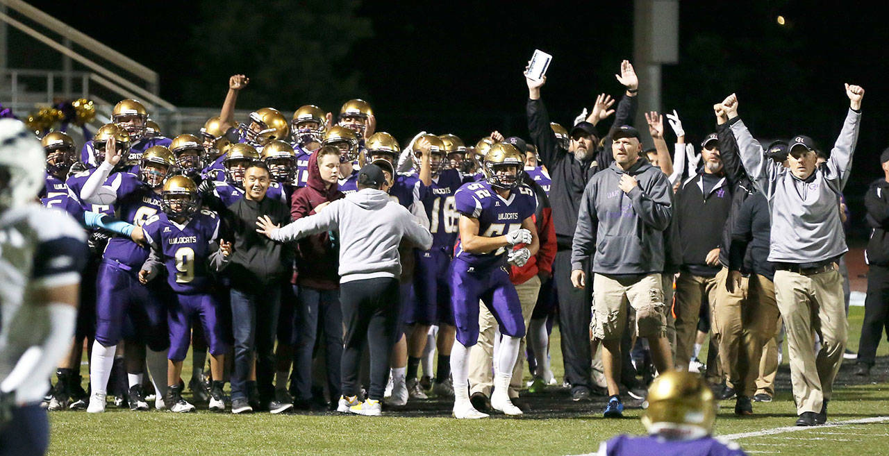 The Wildcat bench watches as TJ Hollins-Passmore dives in the end zone with the game-tying touchdown.(Photo by John Fisken)