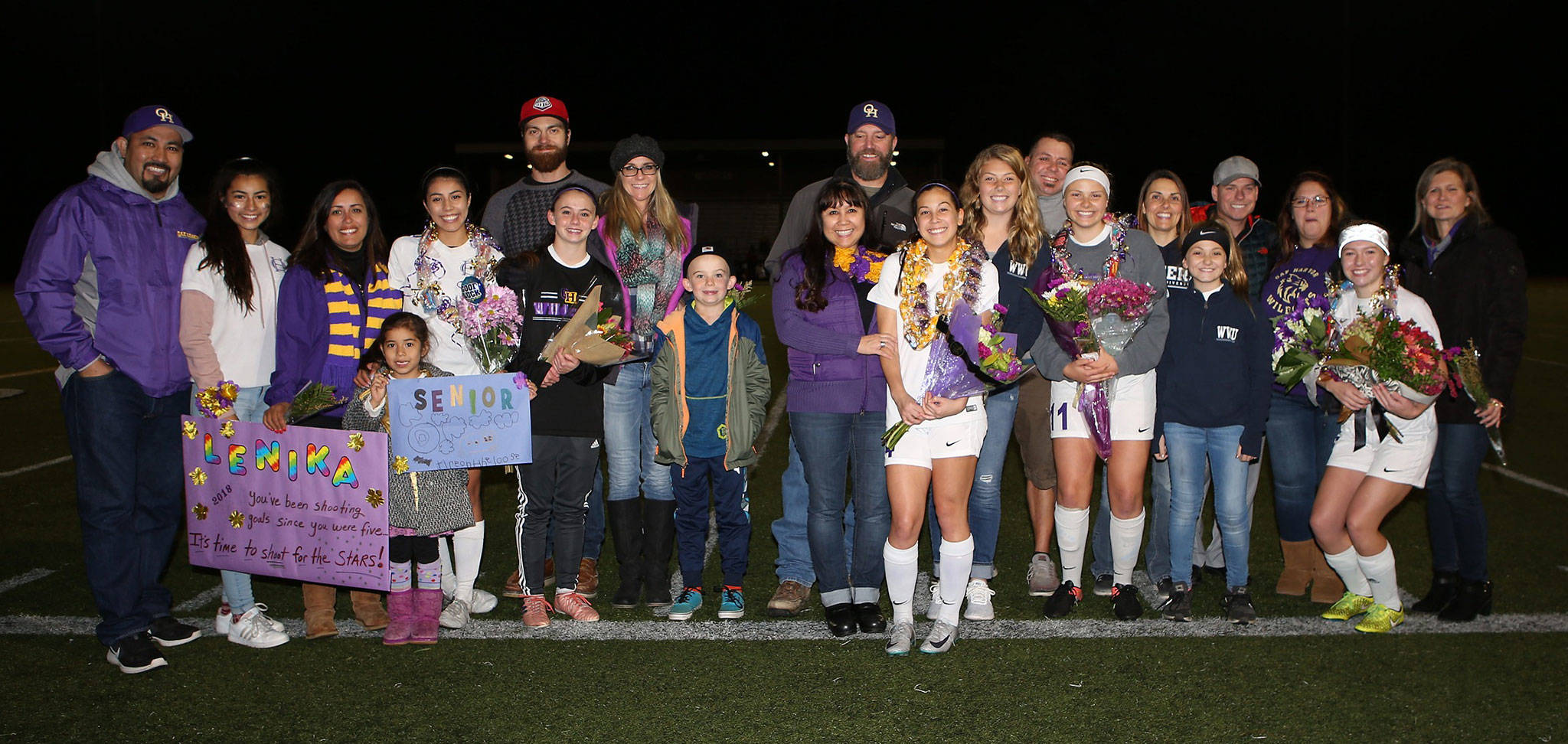Oak Harbor honored its seniors before Tuesday’s match with Mountlake Terrace.(Photo by John Fisken)