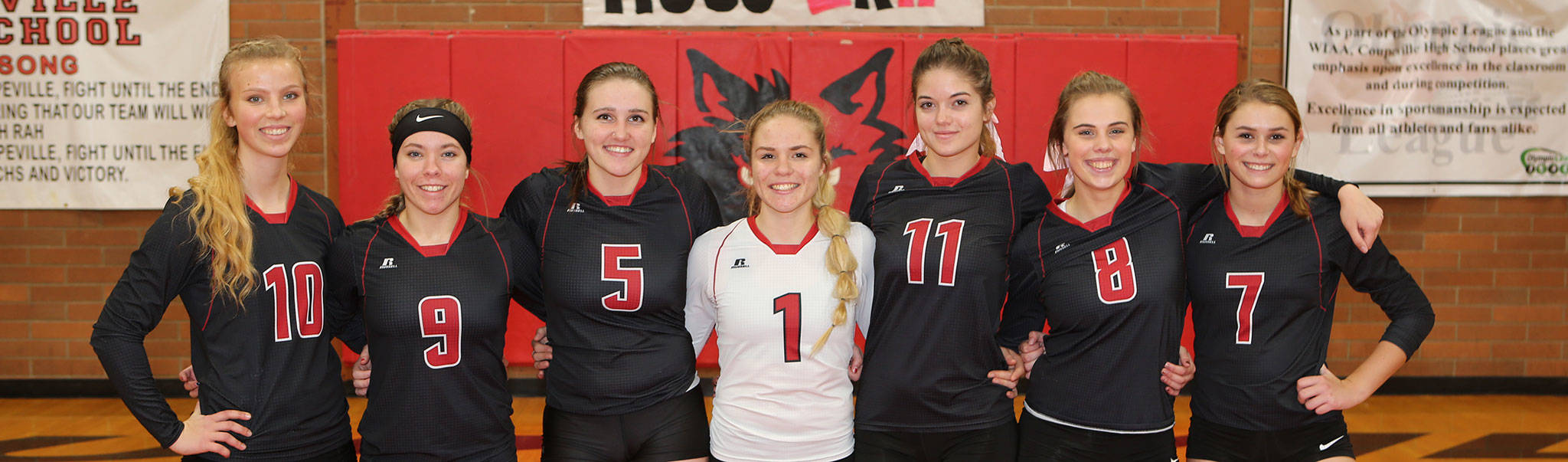 The seniors on the Coupeville volleyball team form the core of the successful female athletes from the class of 2018. From the left, Allison Wenzel, Lauren Rose, Mikayla Elfrank, Hope Lodell, Katrina McGranahan, Kyla Brisco and Payton Aparicio. (Photo by John Fisken)