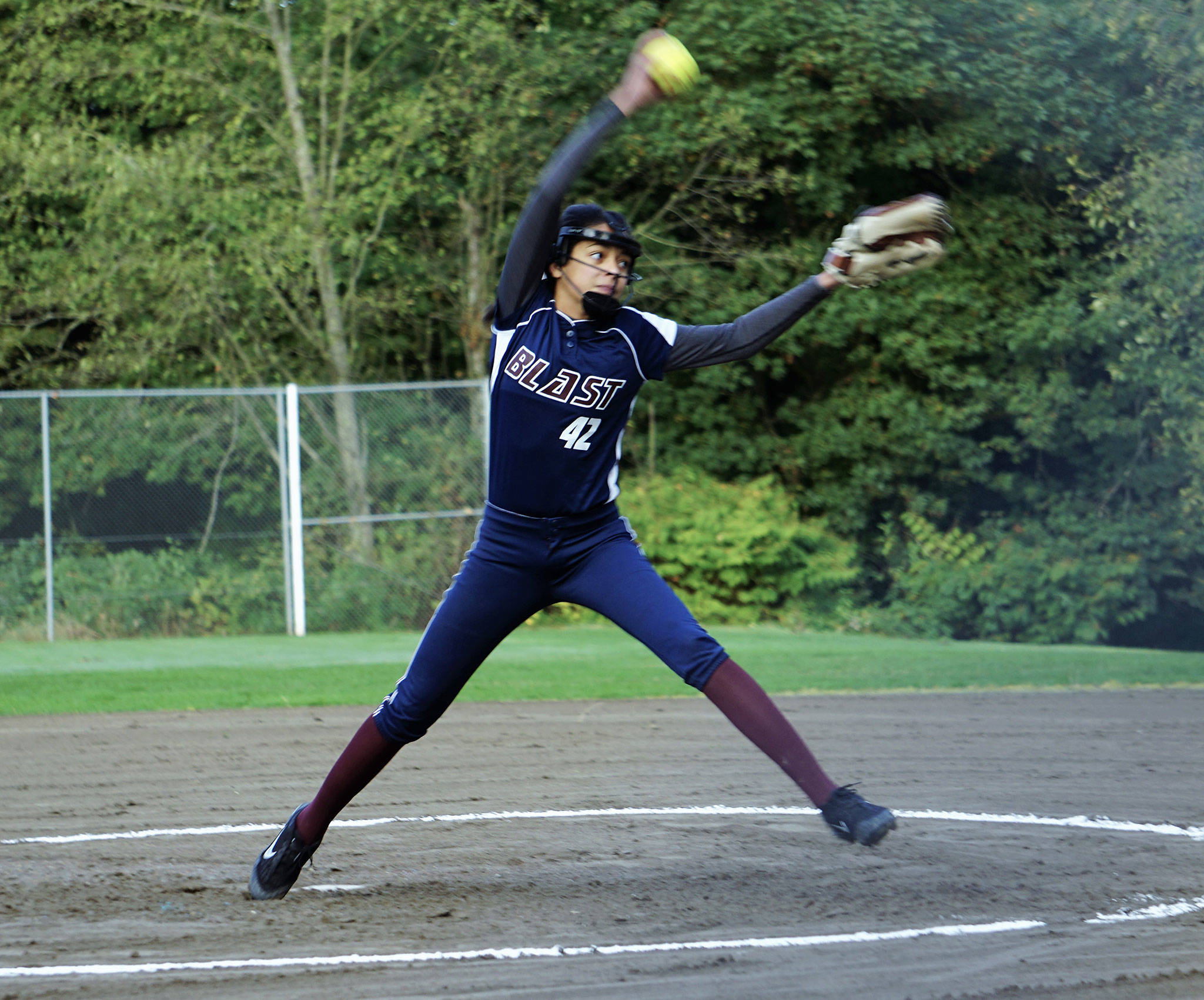 Macy Oliver delivers a pitch for the Bellevue Blast last summer. (Photo by Gerry Oliver)