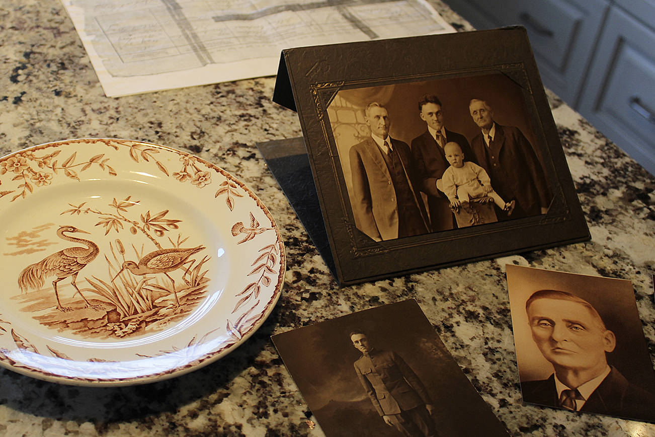 Among family treasures is a plate that traveled west by stage coach. A handwritten note taped to the back reads: “Grandpa Angell’s Mother brought this plate across the plains in 1861.”