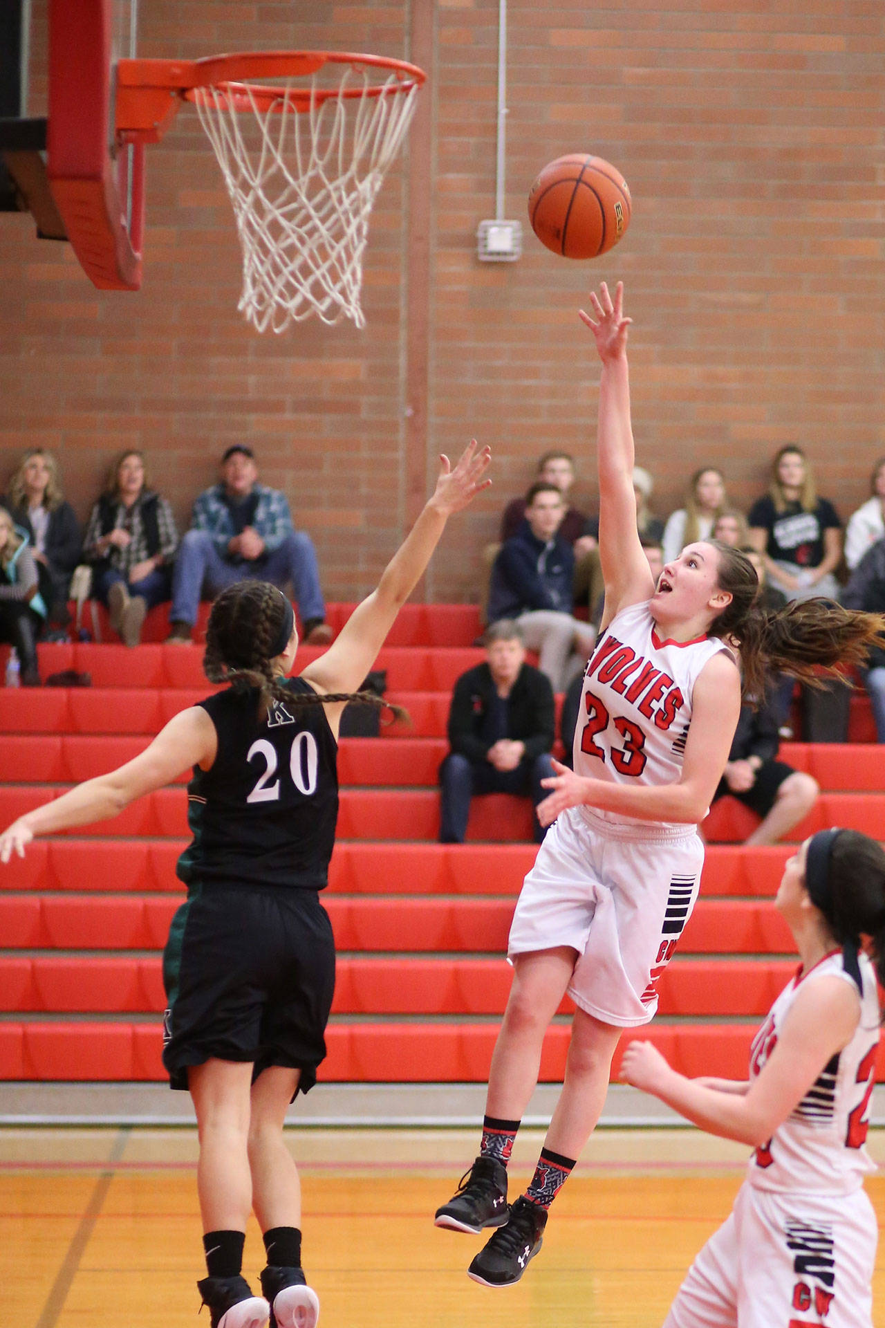 Senior Mikayla Elfrank (23) will help supply some scoring punch for the Wolves this winter. (Photo by John Fisken)