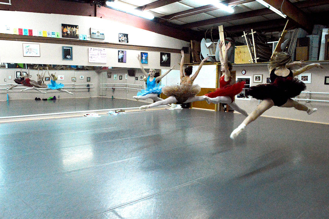 Ballet Conservatory Studio dancers rehearse for this weekends performances of The Nutcracker in Oak Harbor. From left to right: Savanneh Dahl, Aly McLeod, EJ Boilek, Jennifer Danielson. Photo by Laura Guido/Whidbey News-Times
