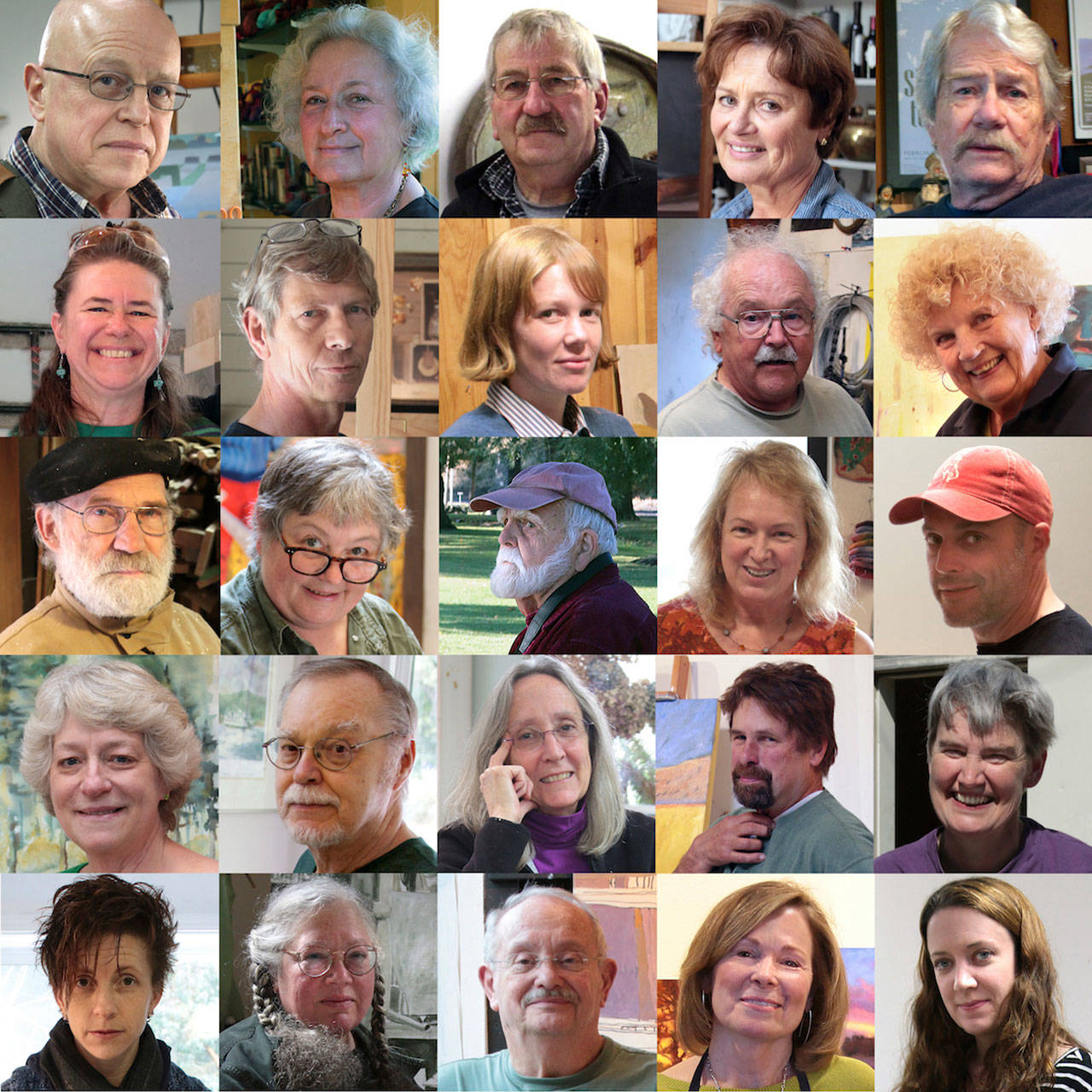The back cover displays head shots of all 25 artists featured in the new book, “Artists of Whidbey Island: Vision, Space, Work, Resolution” by Don Wodjenski.