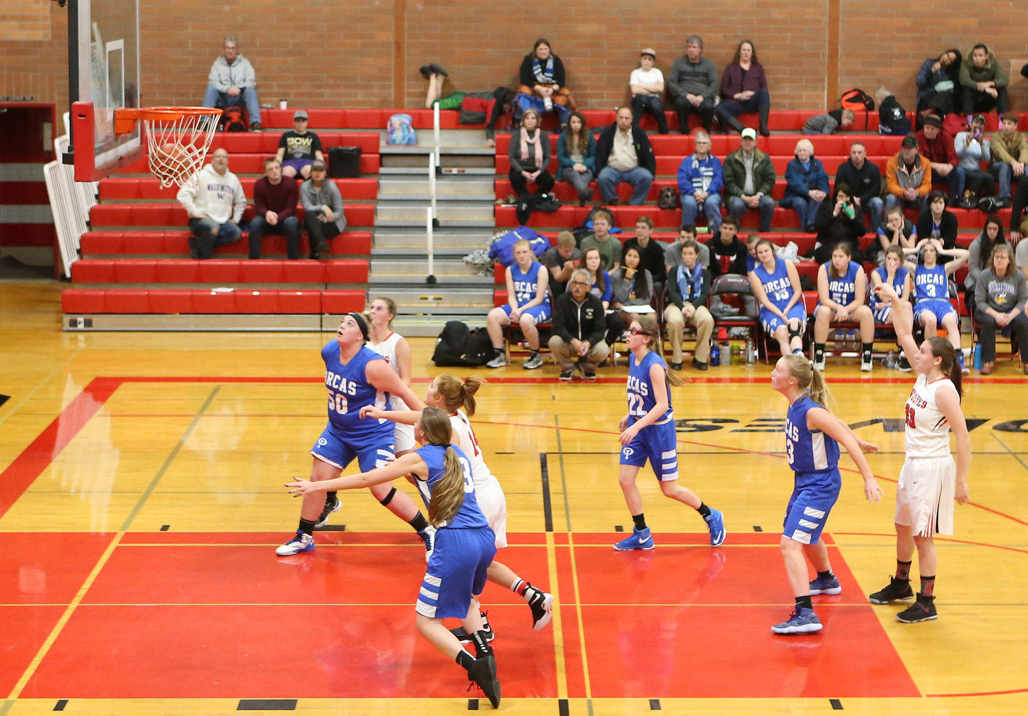 Mikayla Elfrank sinks a free throw for the Wolves in Friday’s game with Orcas Island.(Photo by John Fisken)