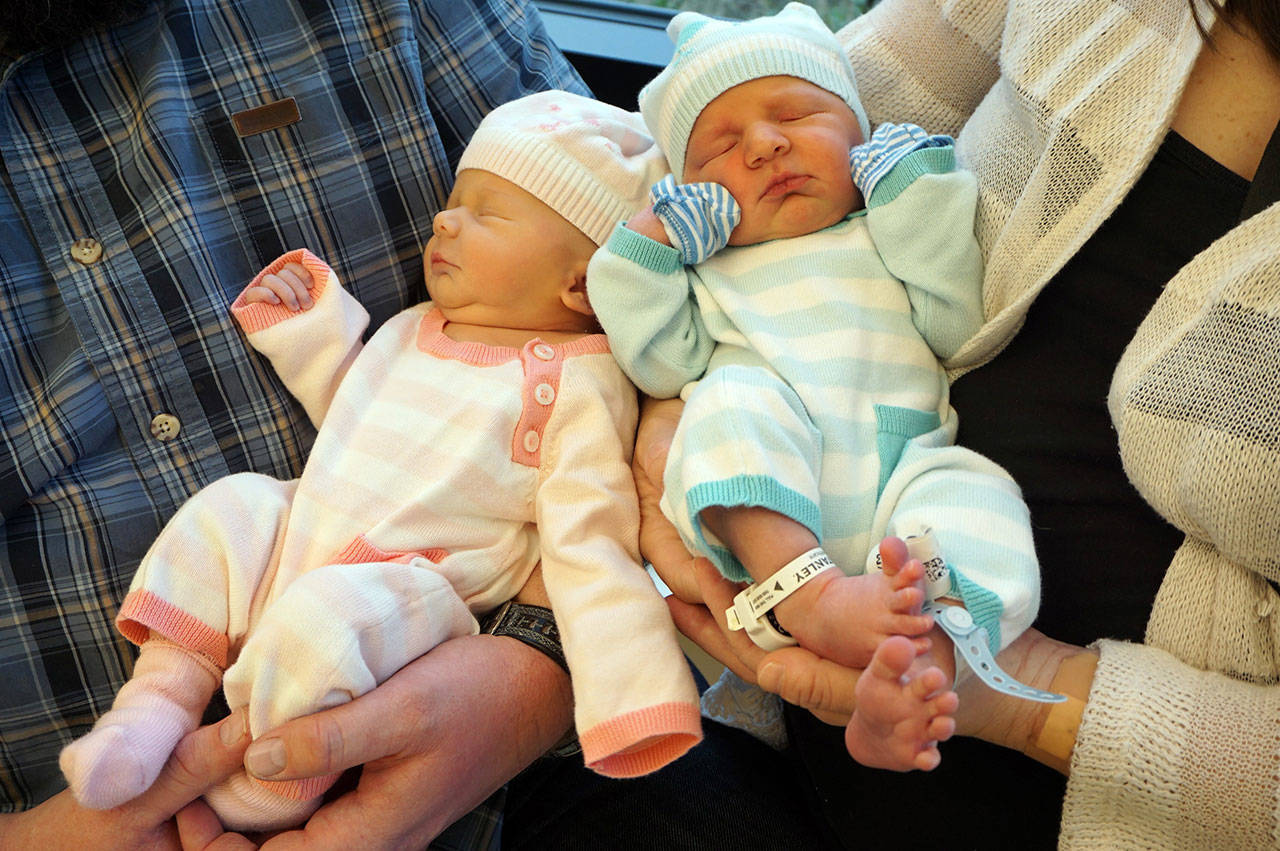 The Griffith fraternal twins, Lillian (pink) and Liam (blue), were born Jan. 3, the first babies of 2018 at WhidbeyHealth Family Birthplace.