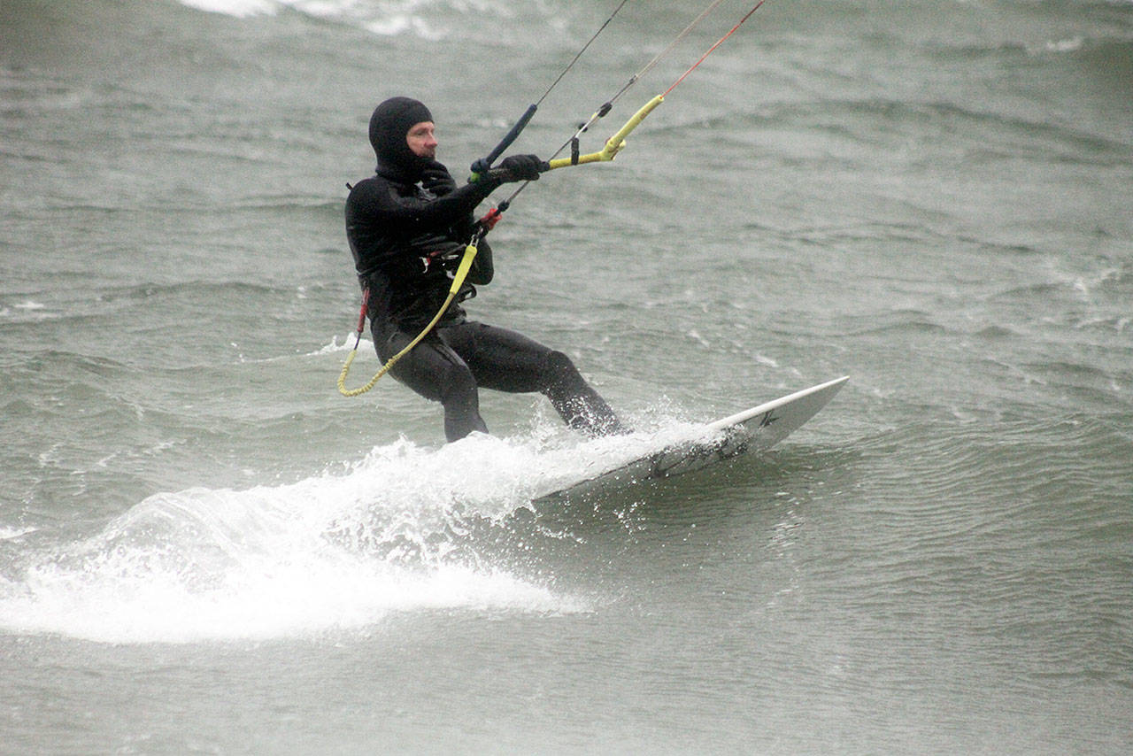 Evan Thompson / The Record — Steve Boyle charges across Useless Bay on a windy day.