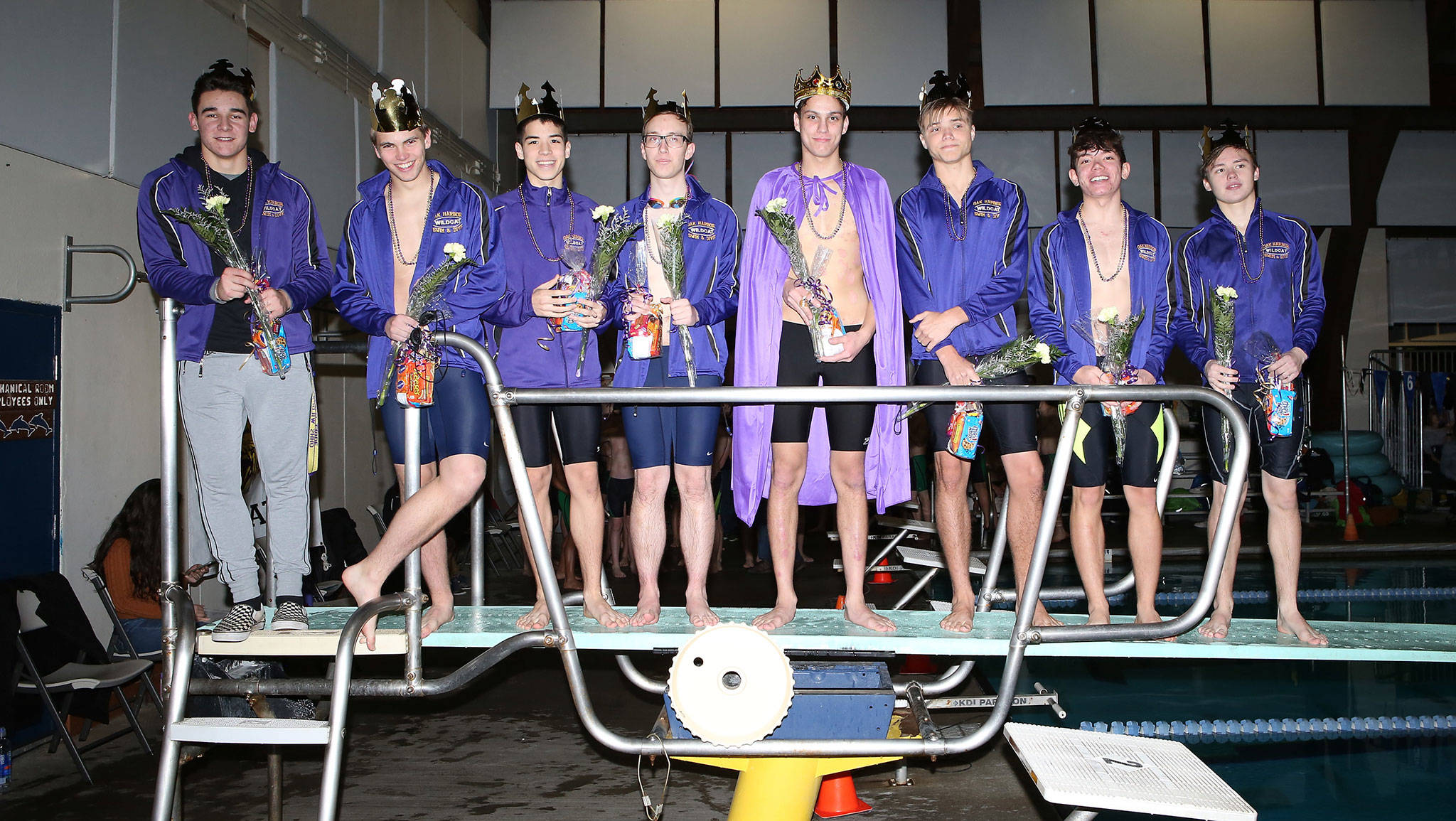 Oak Harbors seniors competed in their final home meet Monday. From the left are Isaac Gomez, Ben Gasper, Clifford Hartley, Hunter Tuzzolo, Garrett Karney, Ethan Wilson, Matthew Kolden and Claude Thrailkill.(Photo by John Fisken)