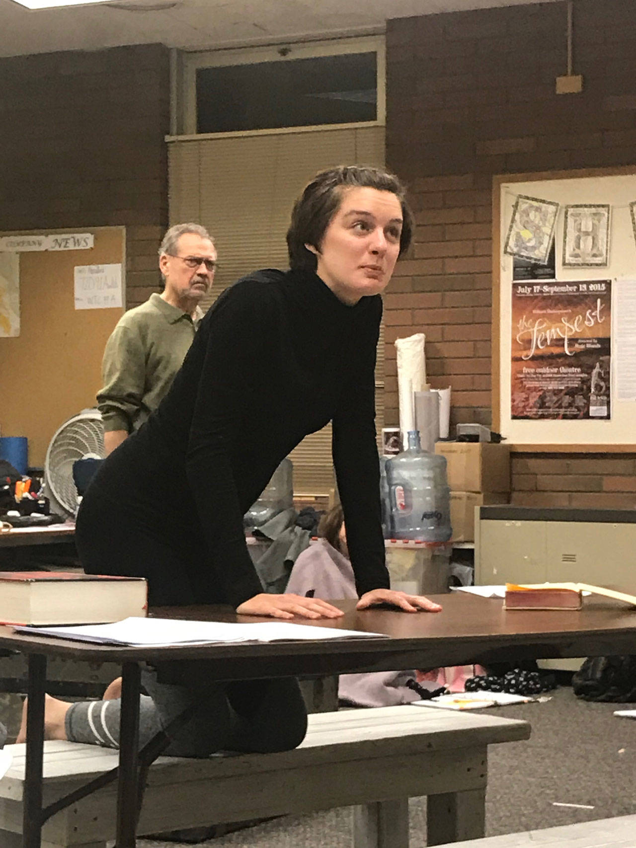 The premiere of “Shakespeare’s Other Women” imagines new speeches for actresses. Rehearsing for the role of Mary Tudor is Meghan Dolbey with G. Kent Taylor in background. Photo provided Island Shakespeare Festival