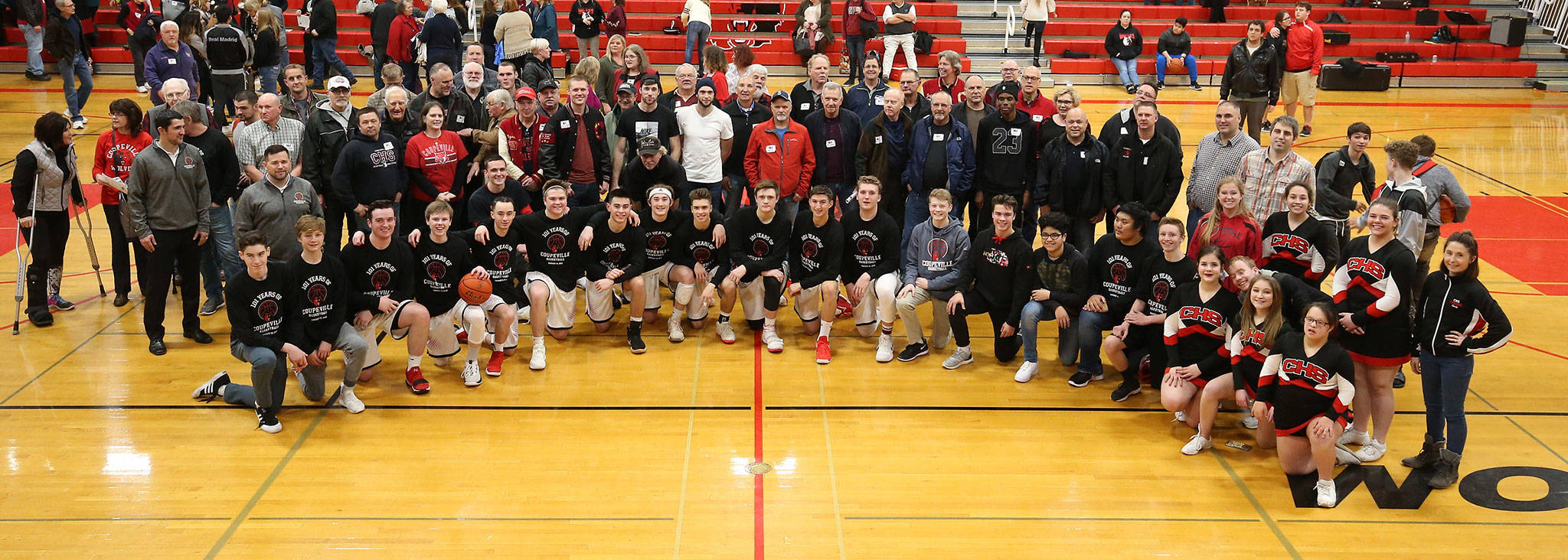 Those who are part of Coupeville basketball history join for a group shot.(Photo by John Fisken)