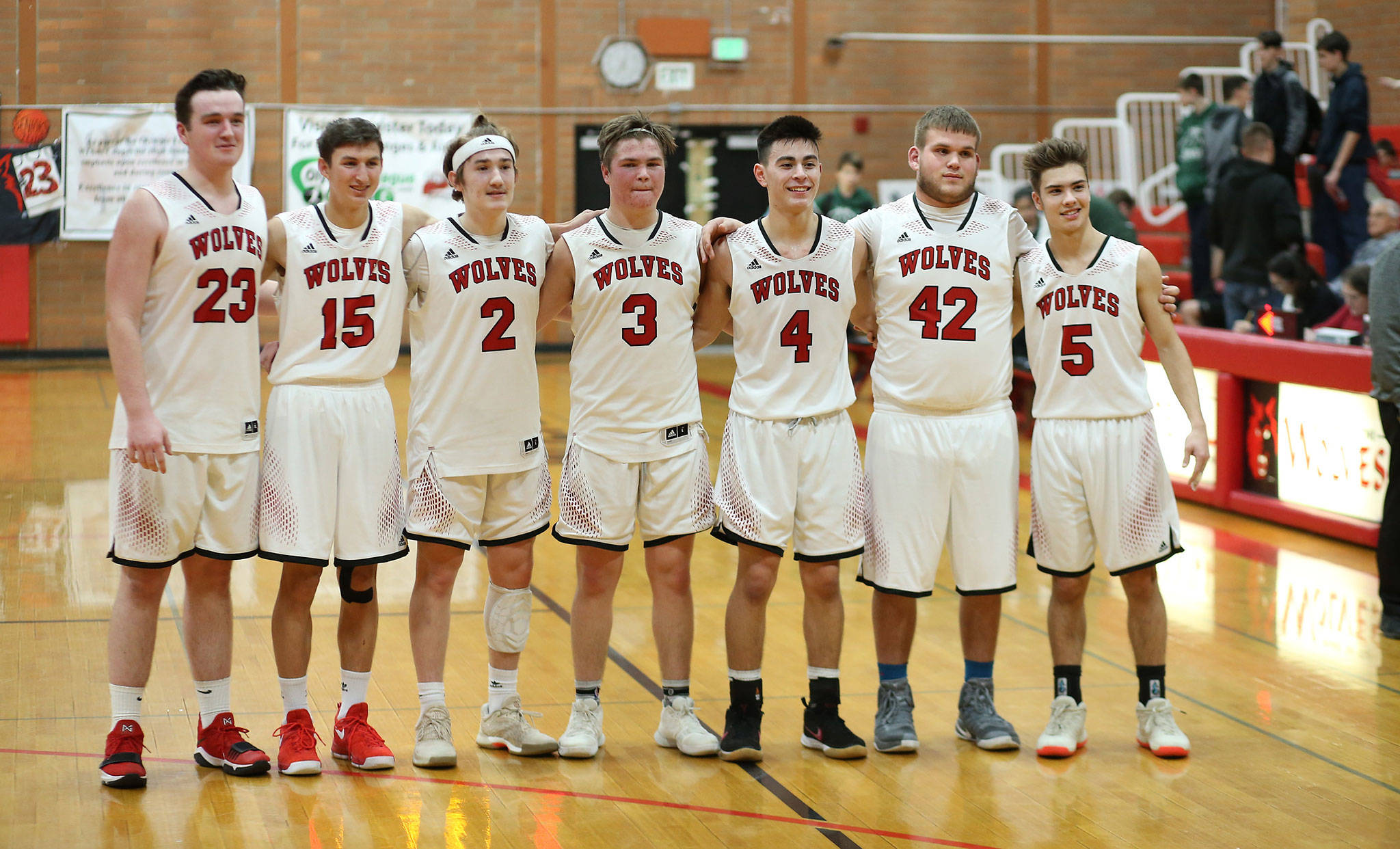 Coupeville honored its seniors Thursday. From the left are Kyle Rockwell, Joey Lippo, Ethan Spark, Hunter Downes, Hunter Smith, James Vidoni and Cameron Toomey-Stout.(Photo by John Fisken)