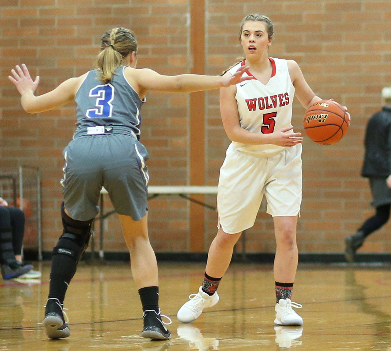Coupeville’s Kyla Briscoe (5), shown here in a game earlier this season, is confident the Wolves have corrected the problems they encountered in a December loss to Bellevue Christian, their district tournament opponent Saturday. (Photo by John Fisken)