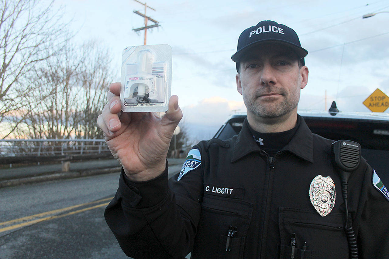 Evan Thompson / The Record — Langley Police Officer Charlie Liggitt used Narcan to save a Langley man from overdosing on heroin. The Langley Police Department is the only law enforcement agency on Whidbey Island to carry the nasal spray, which is a temporary lifesaving drug.