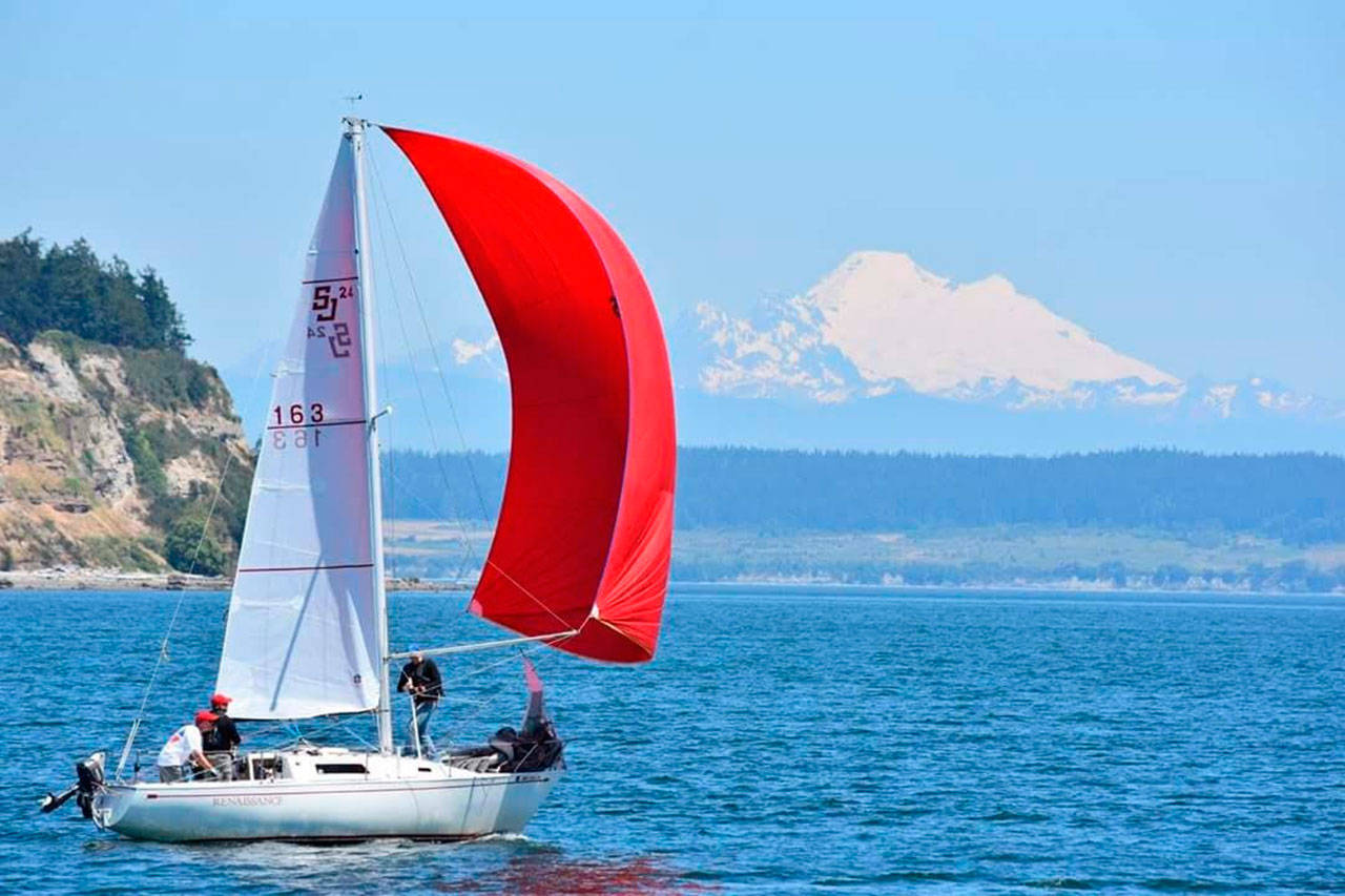 A San Juan 24 takes advantage of the wind and beauty of Penn Cove last summer. (Photo by Brian Paine)