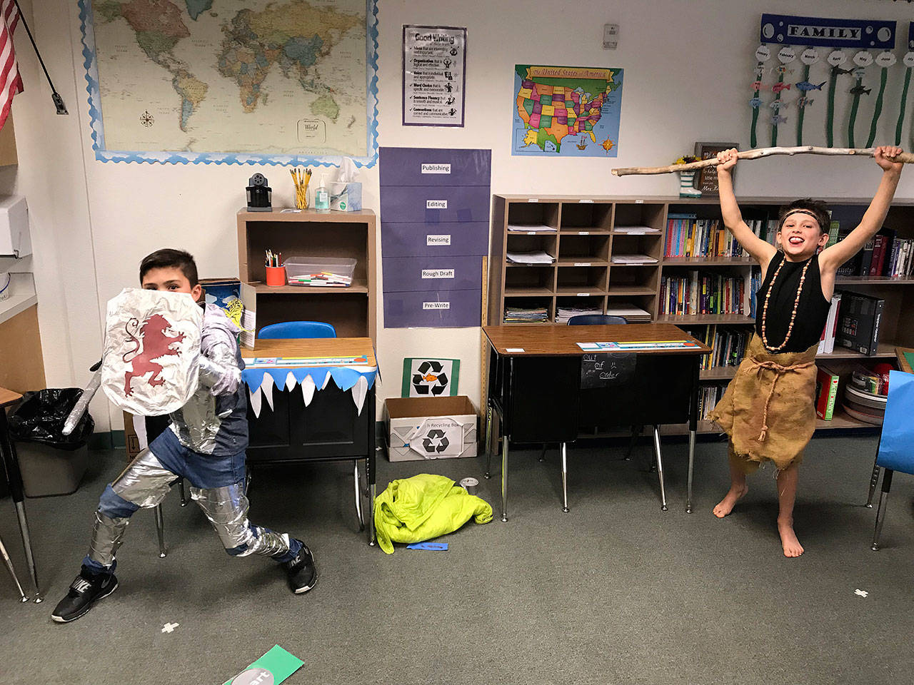 Anthony Boiani and Trevor Haskins show off their costumes at the literacy fair last week at Oak Harbor Christian School. Photo provided