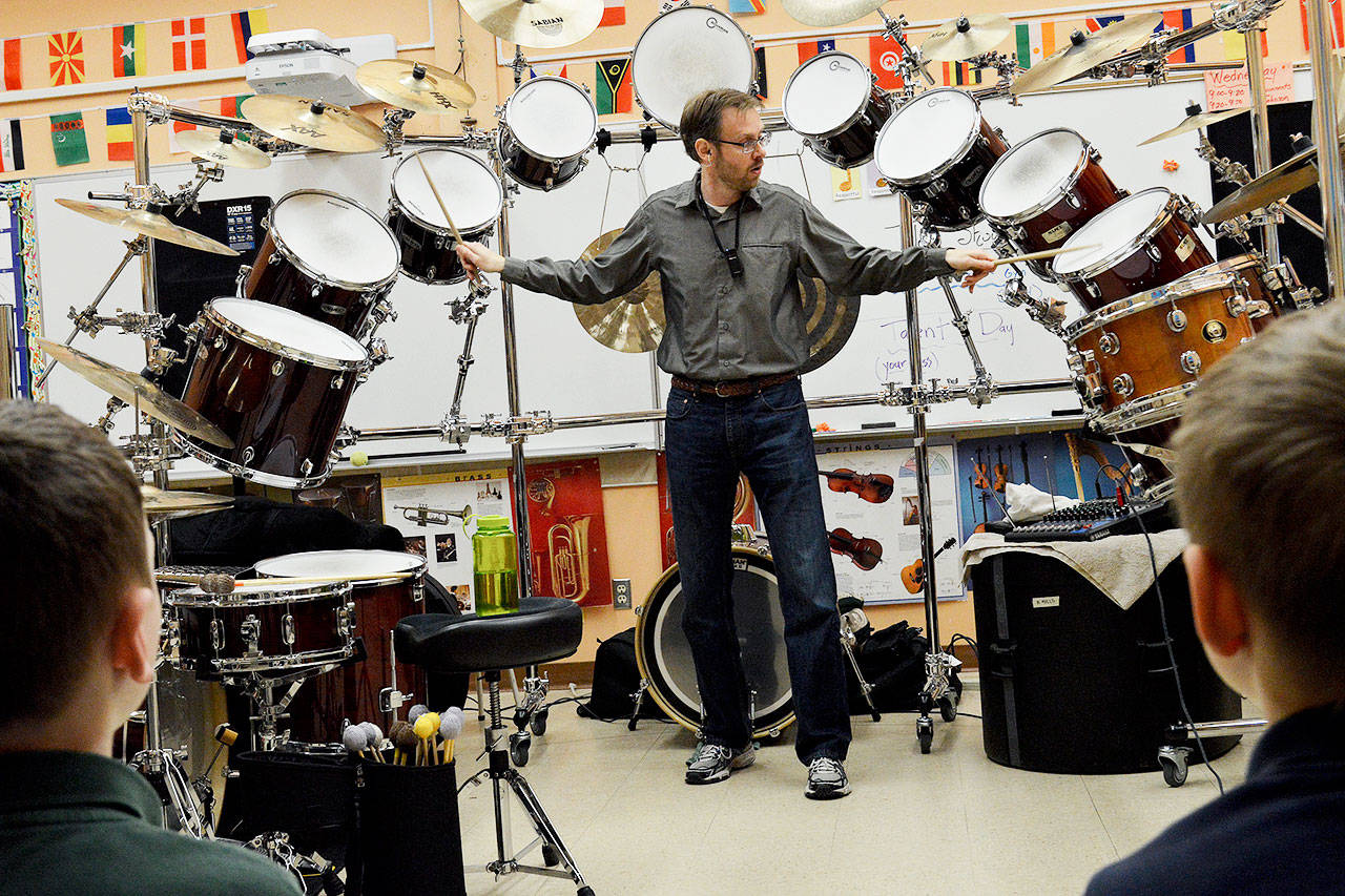 Kit Mills performs for a class of second graders Tuesday at Oak Harbor Elementary. The professional percussionist is doing workshops and performances at eleven schools in Island and Skagit counties. Photo by Laura Guido/Whidbey News Group