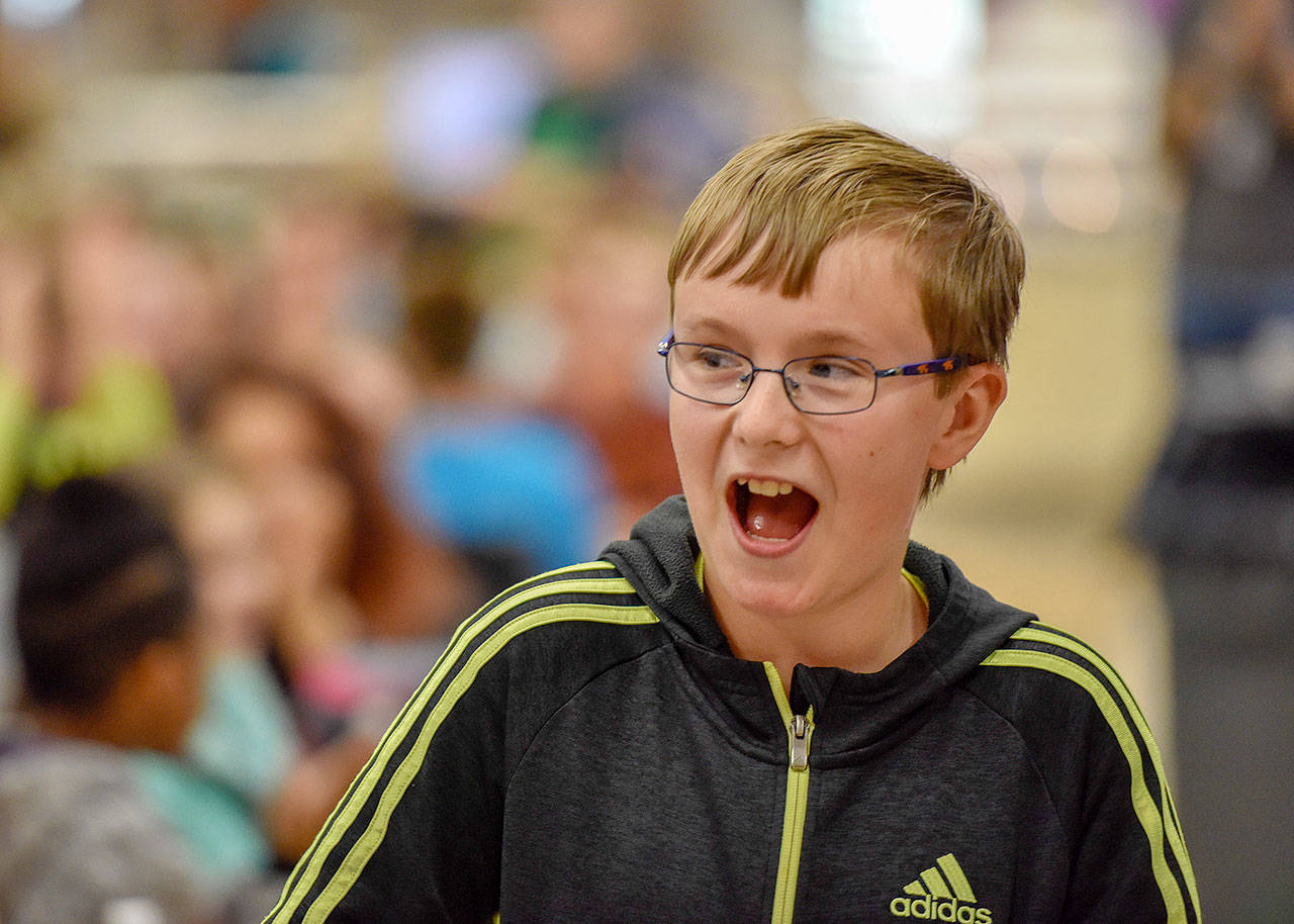 Logan Eash, 12, reacts after it’s announced he will be inducted into the 2018 AAA School Safety Patrol Hall of Fame. Photo provided by Oak Harbor Public Schools