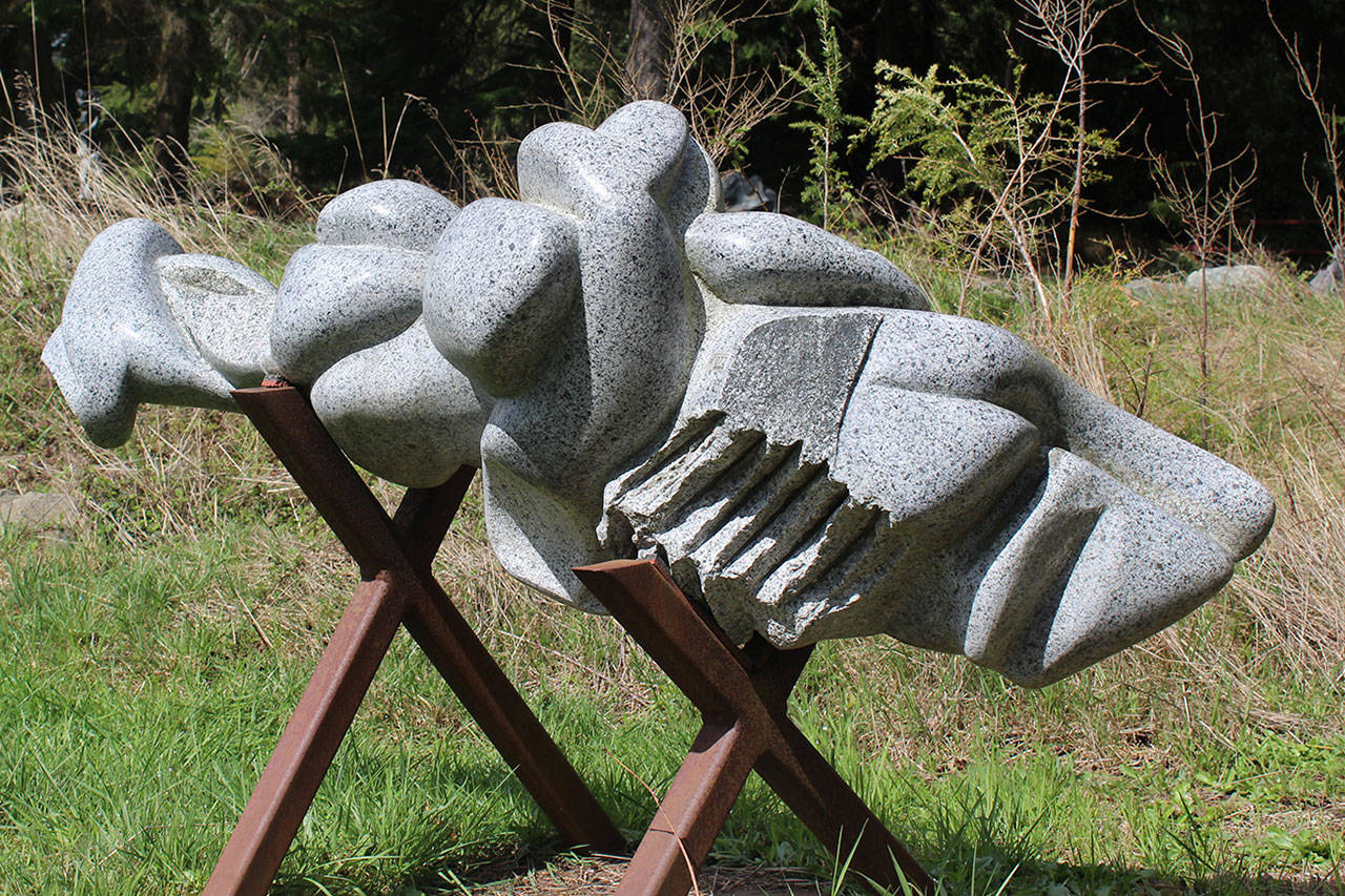 Hank Nelson prefers not to label his outdoor work at Cloudstone Sculpture Park with titles, saying, “I want people to use their imagination.” One visitor likened this sculpture to the juvenile gray whale that recently died from being malnourished and washed up on a Whidbey beach.